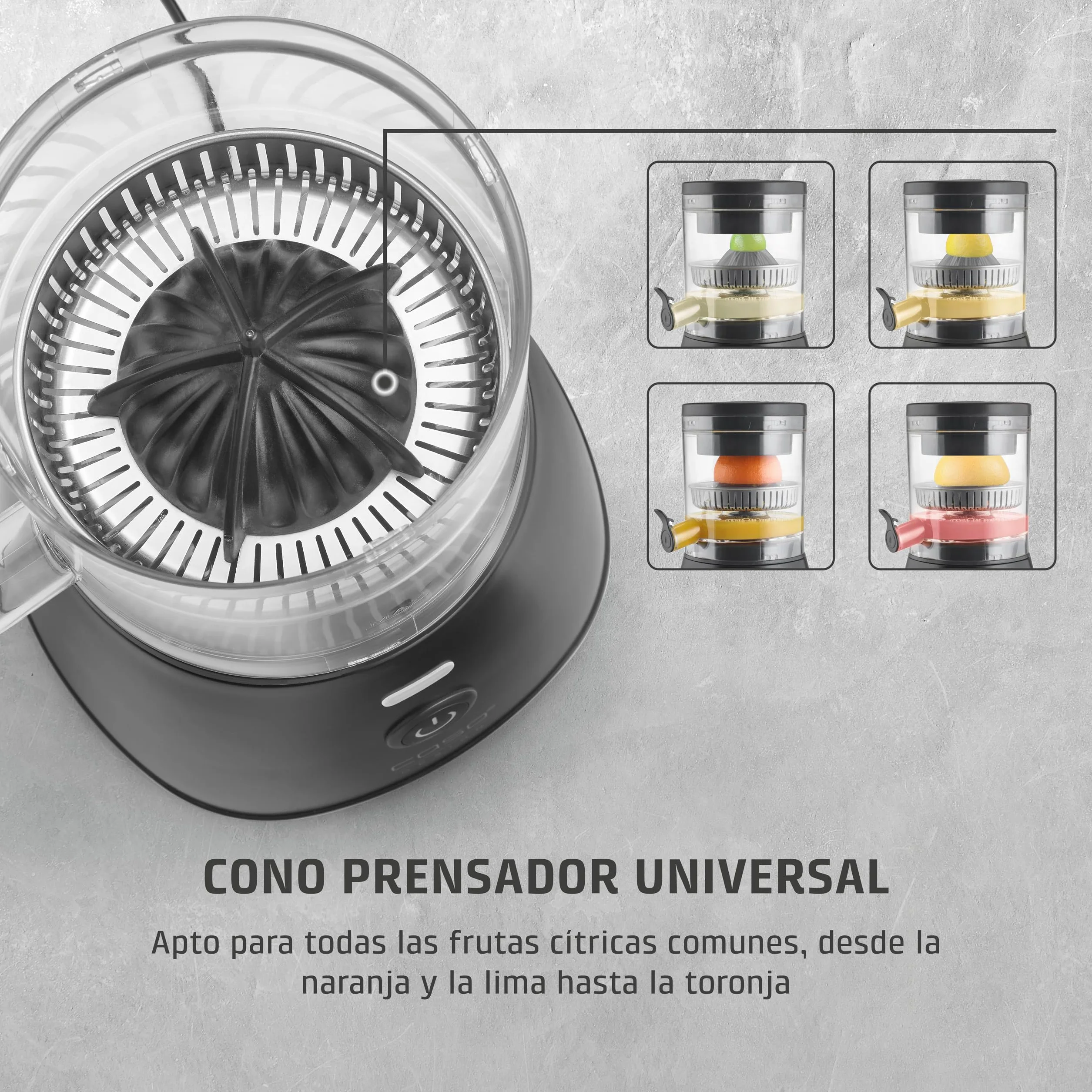 CASO CP 400 Lift - Exprimidor Eléctrico con cono universal para Naranjas y Cítricos, 300W, antisalpicaduras, alta extracción de zumo, pies con ventosa, libre de BPA, apto para lavavajillas,