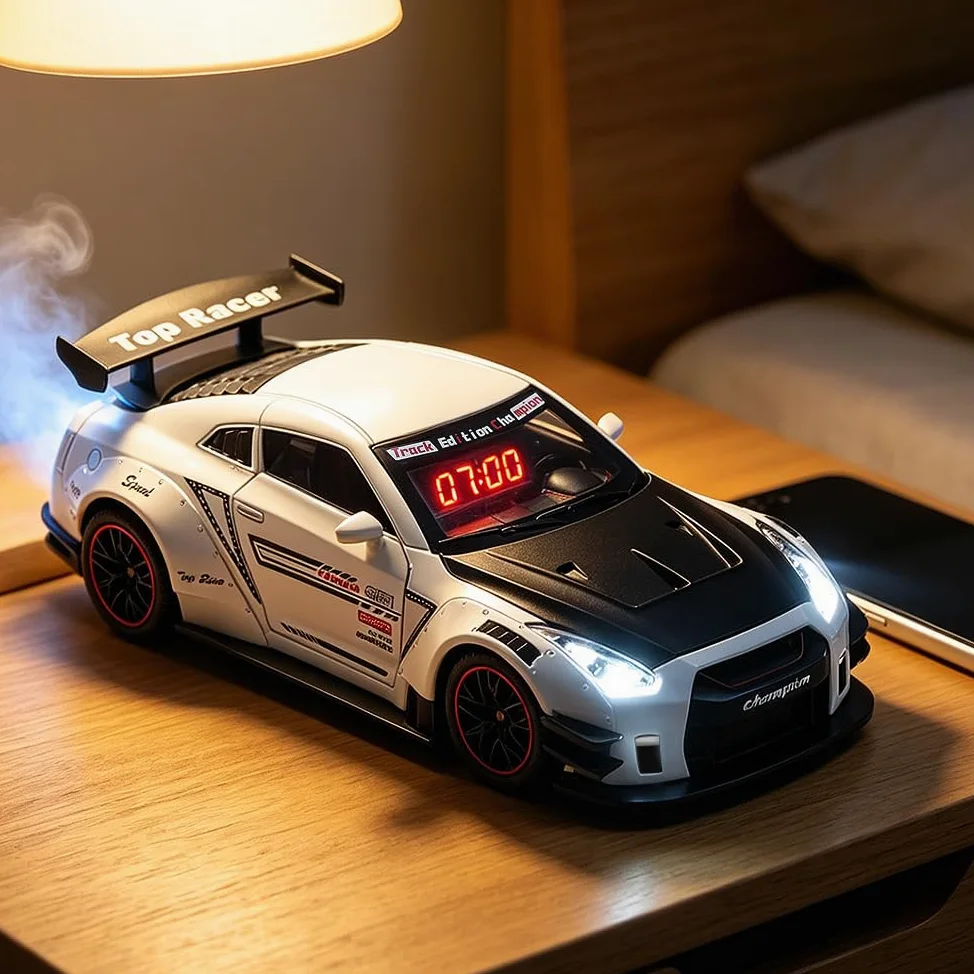 Reloj Despertador LED de Coche Recargable, Reloj de Mesa Modelo superdeportivo con Mando a Distancia, Sonido de Motor simulado y Efectos de luz y Vapor de Escape con Agua (Black)