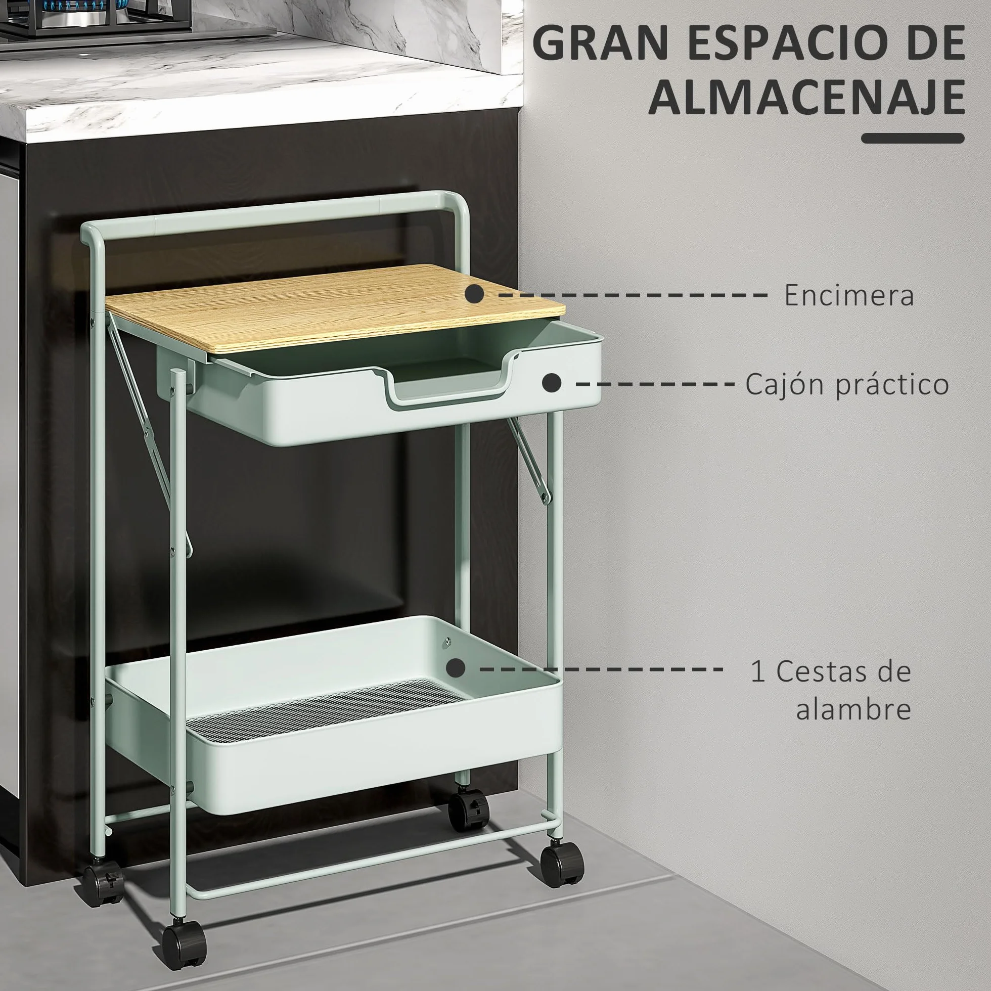 HOMCOM Carrito Auxiliar con Ruedas de 2 Niveles Carro de Cocina con 1 Cajón y 1 Cesta Carrito Organizador para Dormitorio Salón Oficina Verde Claro