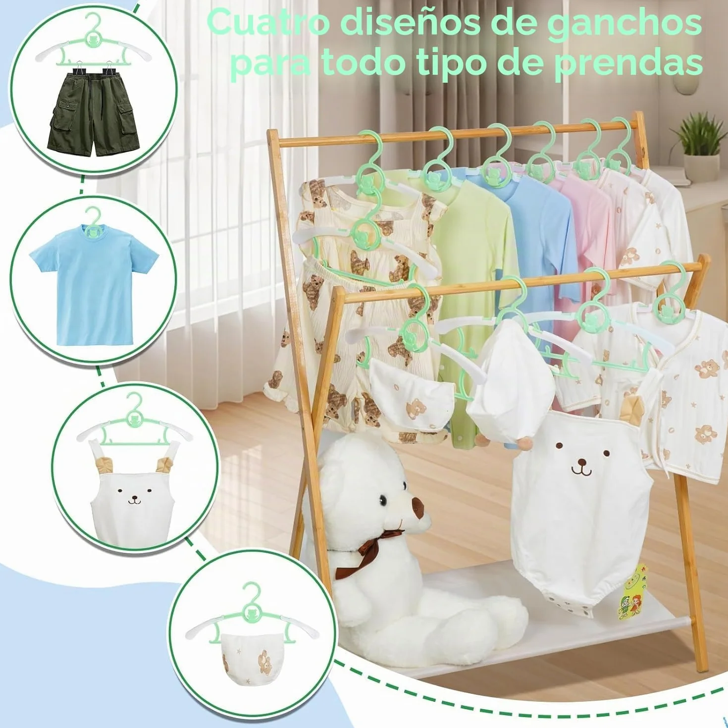 HGYZE - Muletas para niños, para el Armario de recién Nacido y niño y niña, 20 Perchas apilables con Gancho para Osito, Ajustables y Antideslizantes, Perchas para Ropa, Ahorro de Espacio (Verde)