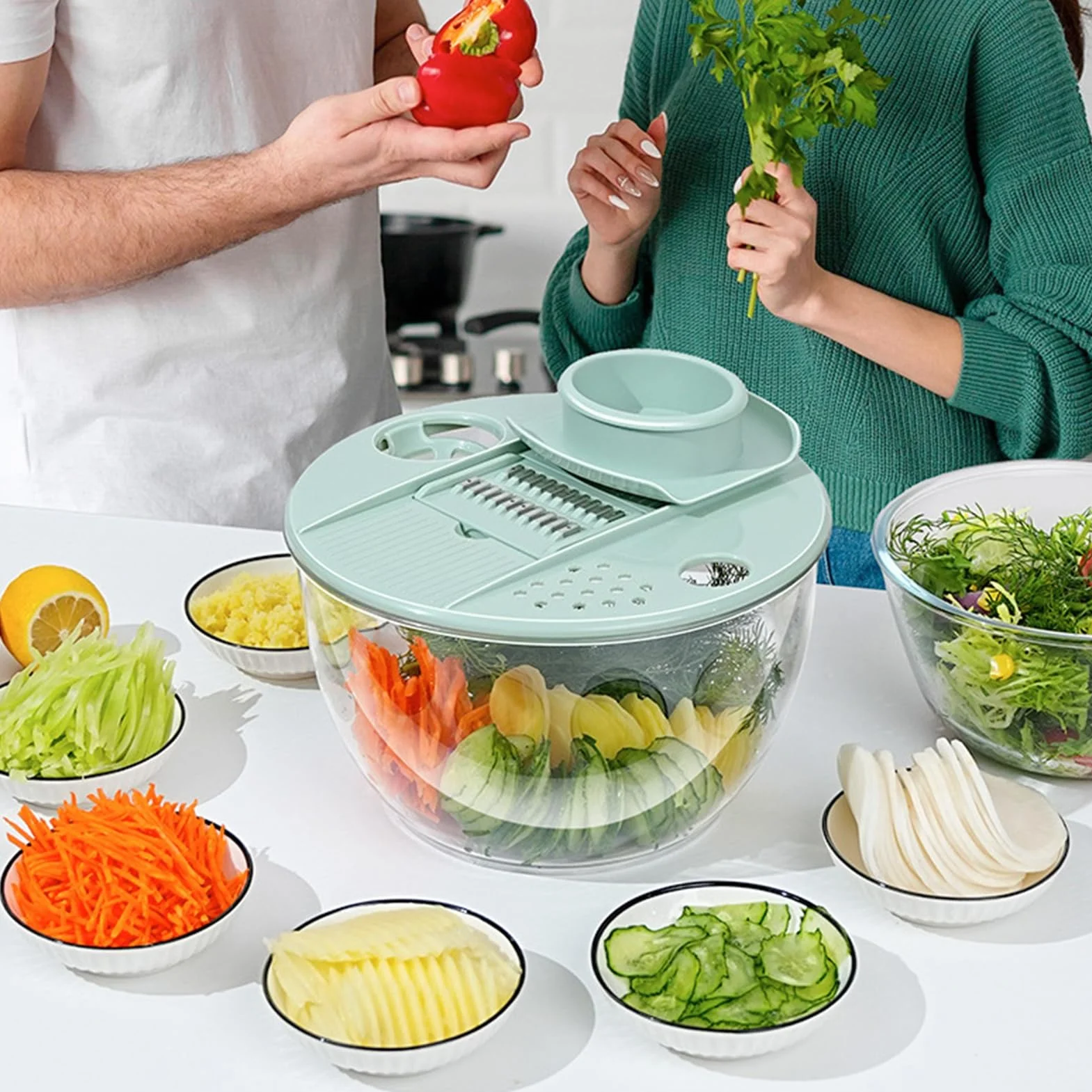 Cryfokt Ensalada Spinner, 5 Cuchillas Intercambiables de Acero Inoxidable Lechuga Spinner Lavadora de Frutas con Colador Rebanador Rallador para Lavar Secar Rebanar Escurrir Ensalada Frutas Verduras