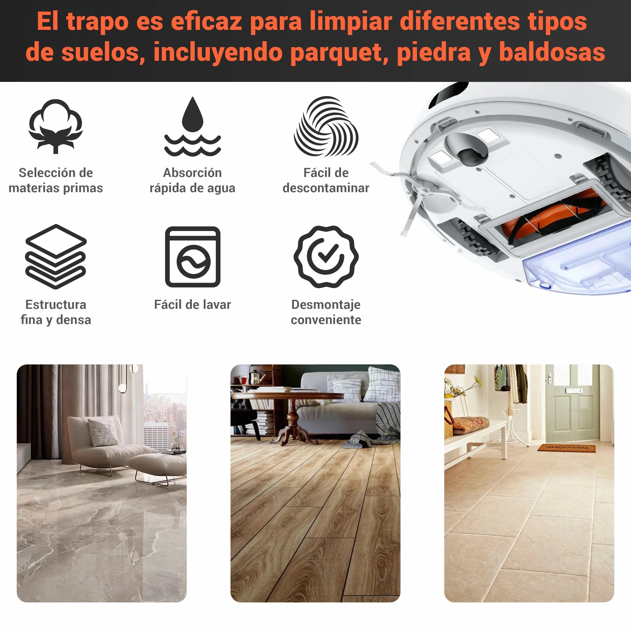 2 Mopas de Microfibra Para Xiaomi Vacuum S20 (D106), 3C, E10, Pack De 2 Trapos de Reemplazo, Kit De Repuestos Para Aspiradora Robot Vacuum, Para Xiaomi Mijia Vacuum Mop 3C (C103) / 3C Plus (B112)