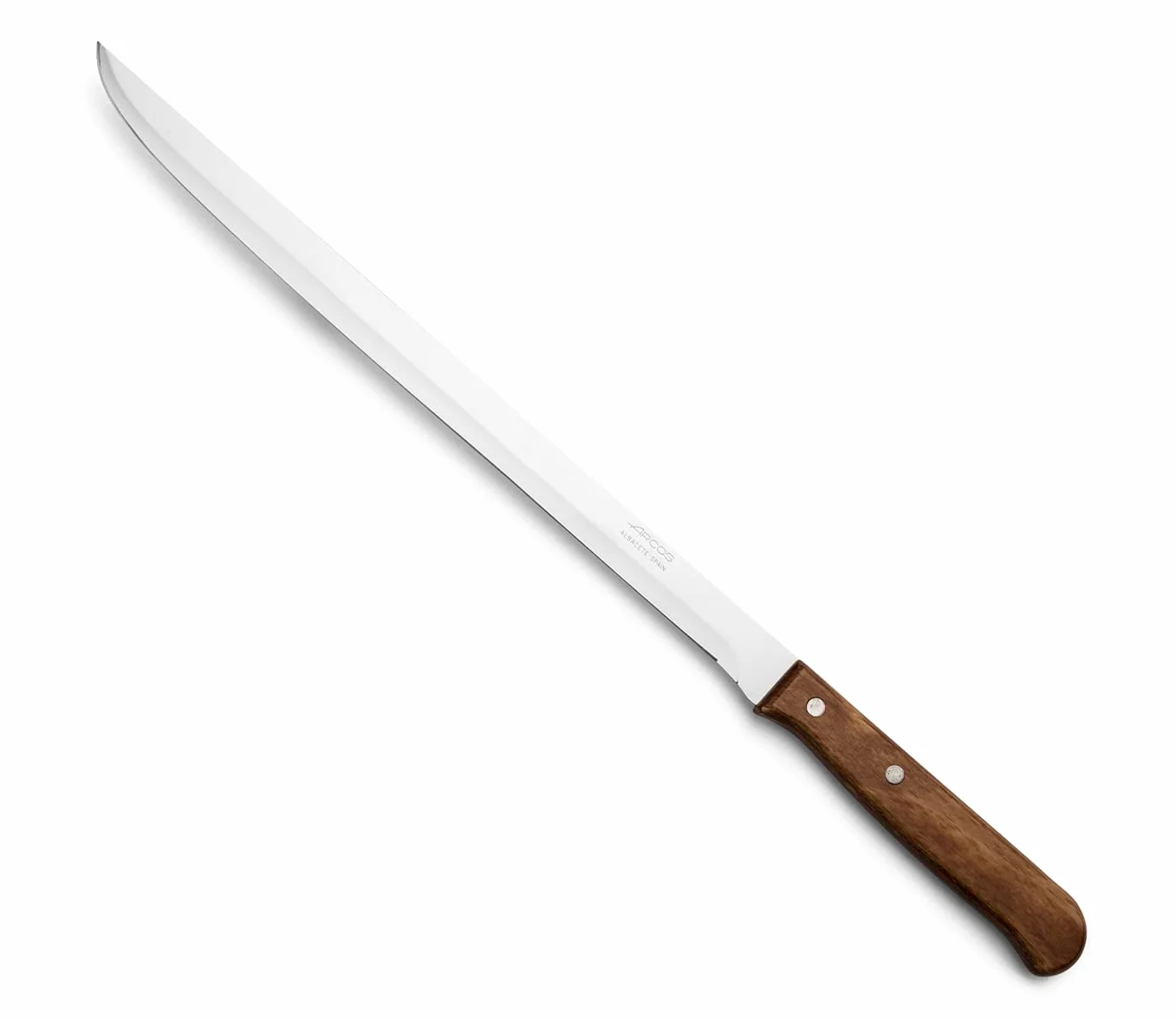 Arcos Cuchillo Jamonero con Hoja de 250 mm en Acero Inoxidable. Cuchillo afilado cortar jamón y carne, perfecto un corte preciso jamón. Mango madera comprimida y Serie Latina. Color marrón.