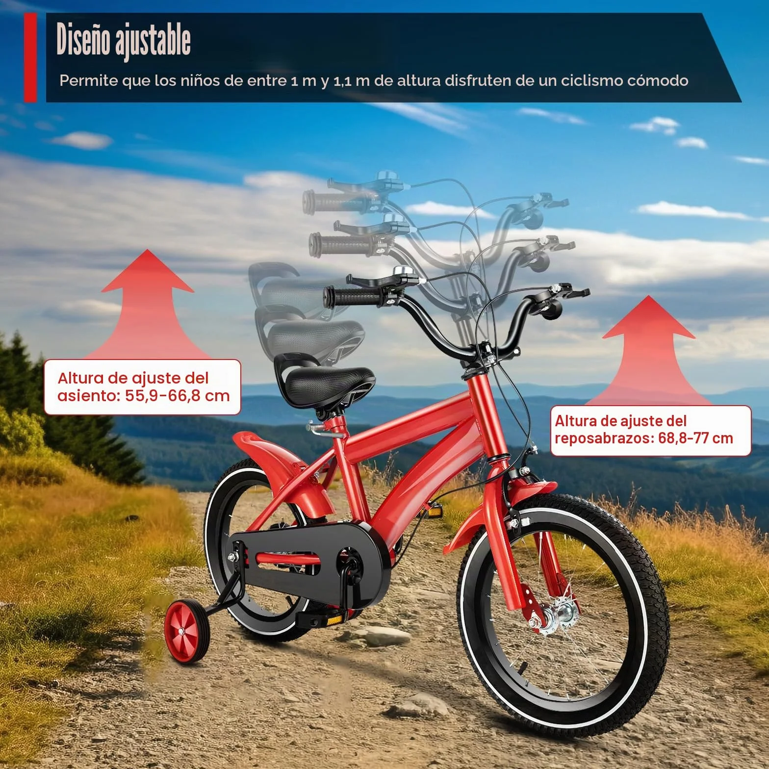 Bicicleta infantil 14 pulgadas ruedas estabilizadoras roja para niños niñas 3-8 años