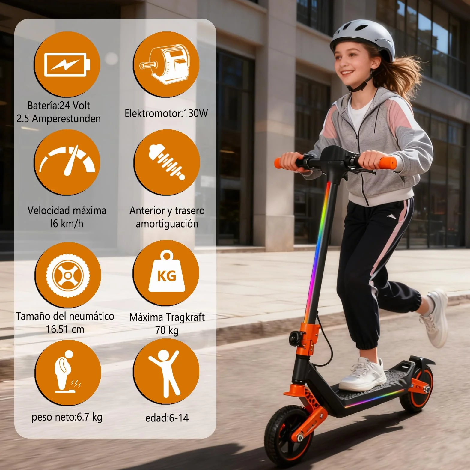 Patinete eléctrico para niños Doble suspensión Luces Arco Iris LED Alcance 12 km