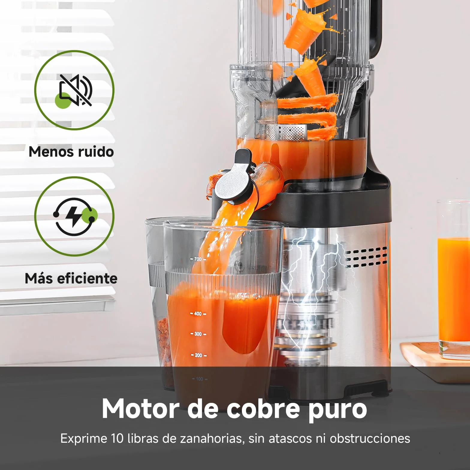 AMZCHEF Extractor de Zumos, Slow Juicer con Apertura de 120MM, Capacidad de 2 L, Licuadora Prensado en Frío para Frutas y Verduras Enteras, Cuerpo de Acero Inoxidable, Fácil Montaje y Limpieza, Plata