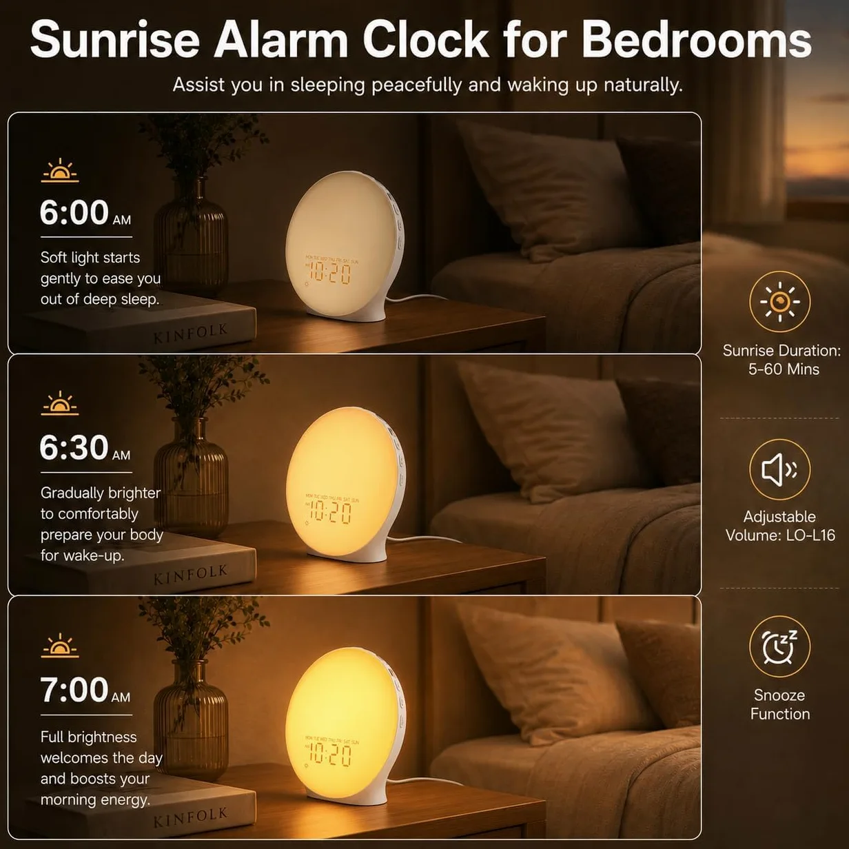 JALL Despertador de luz diurna, despertador con luz al amanecer, máquina de ruido blanco con 22 sonidos, 17 luces nocturnas, altavoz Bluetooth y temporizador de sueño para adultos, niños y dormitorios