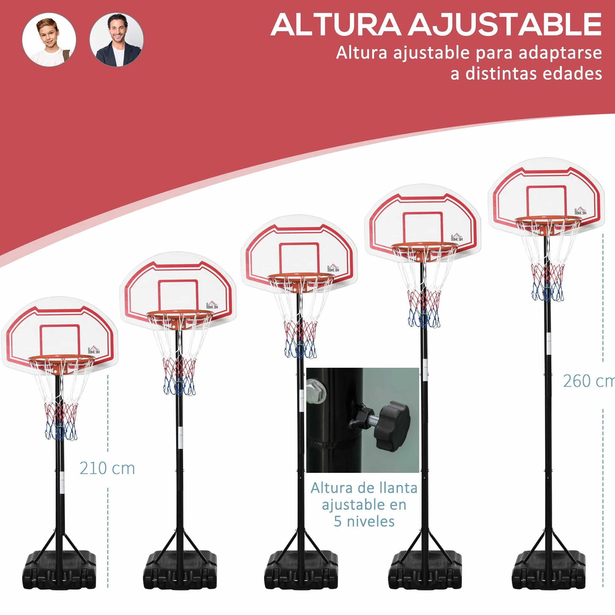 HOMCOM Canasta de Baloncesto Exterior Altura Regulable 258-314 cm Aro Base Rellenable Ruedas Negro Rojo