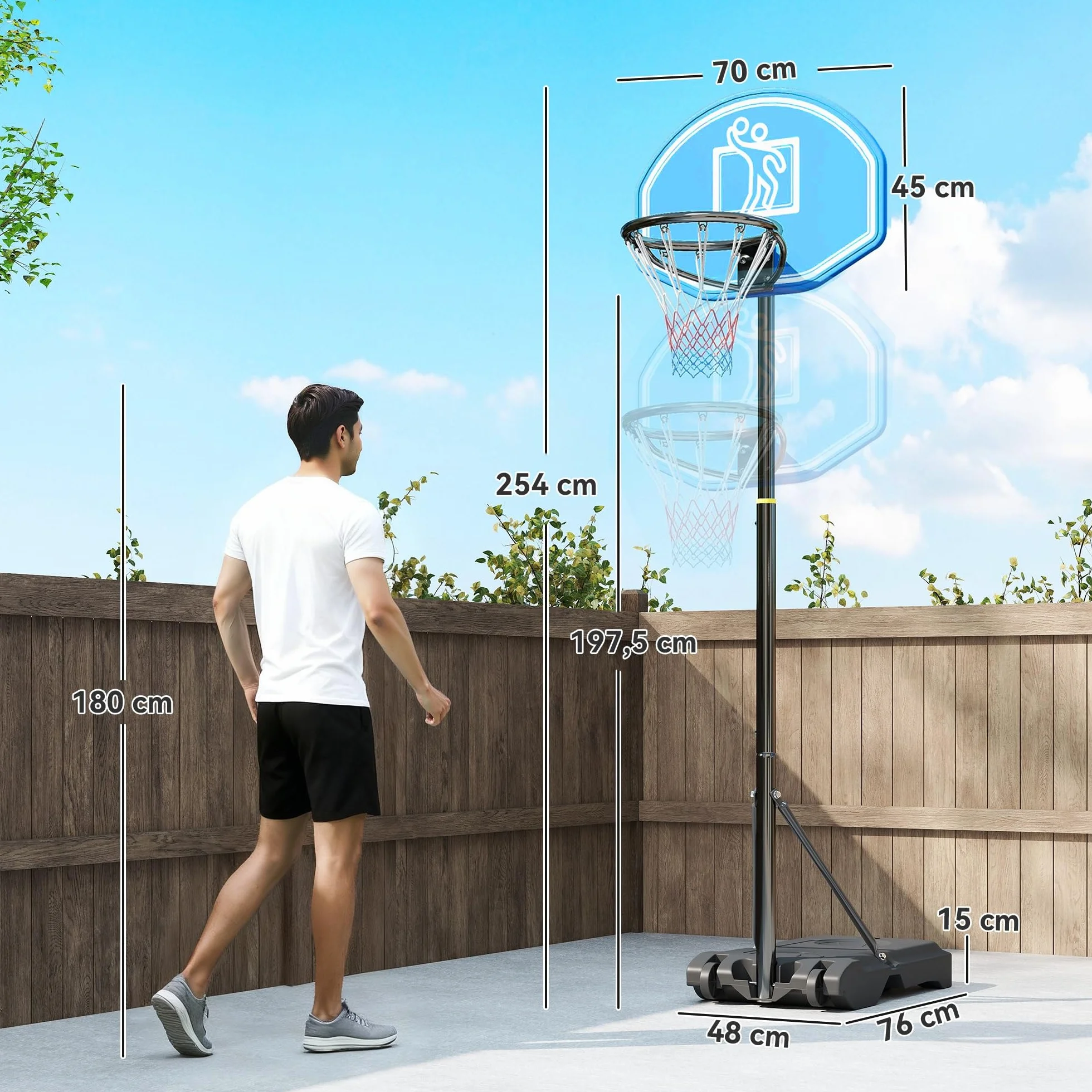 HOMCOM Canasta de Baloncesto Exterior Altura Ajustable 160-210 cm Portátil Tablero PE Ruedas Base Rellenable
