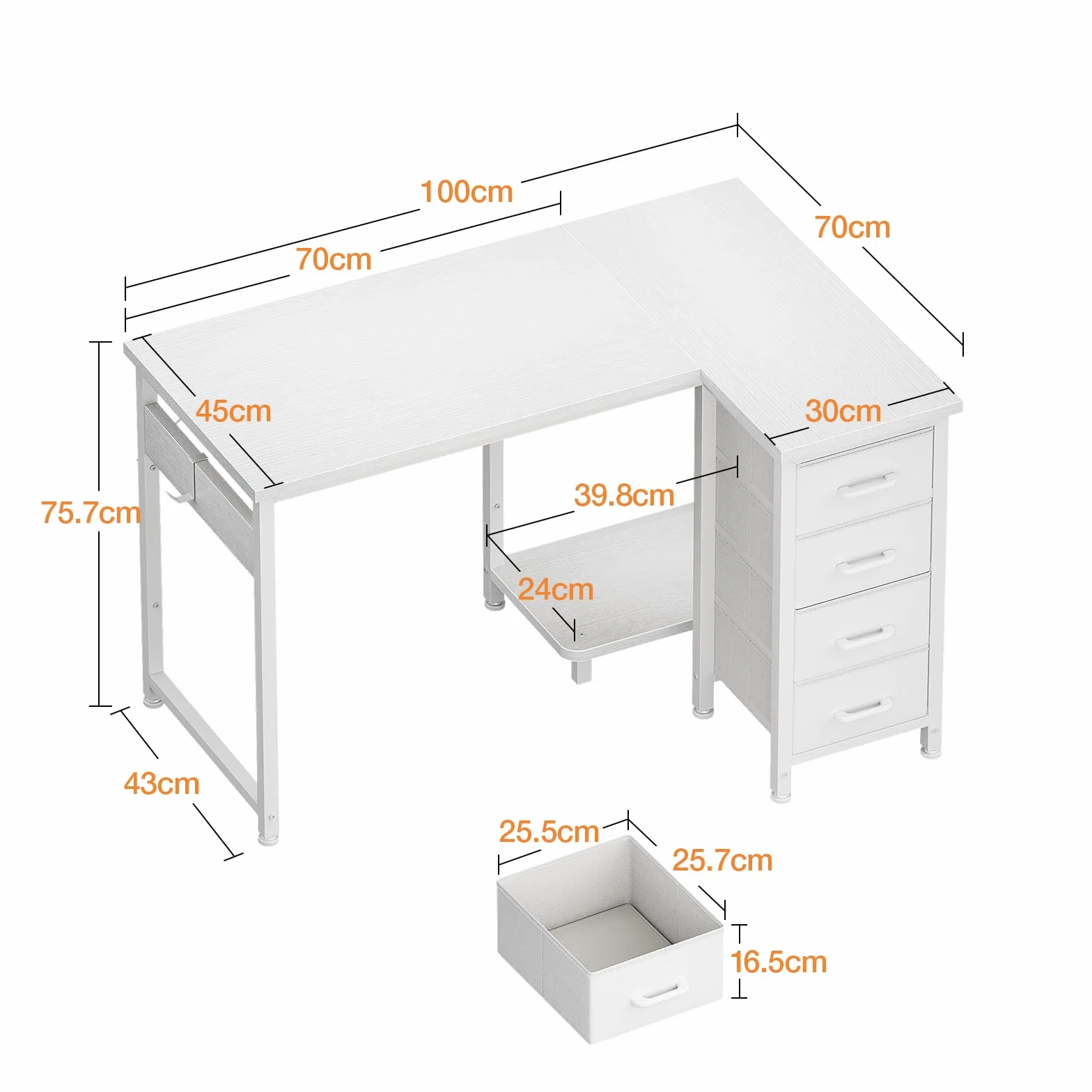 Coleshome Escritorio Esquinero con 4 Cajones de Tela, 100x70cm Escritorio en L Reversible con Almacenamiento y Estanteria, Mesa Escritorio para Oficina en Casa y Dormitorio, Blanco
