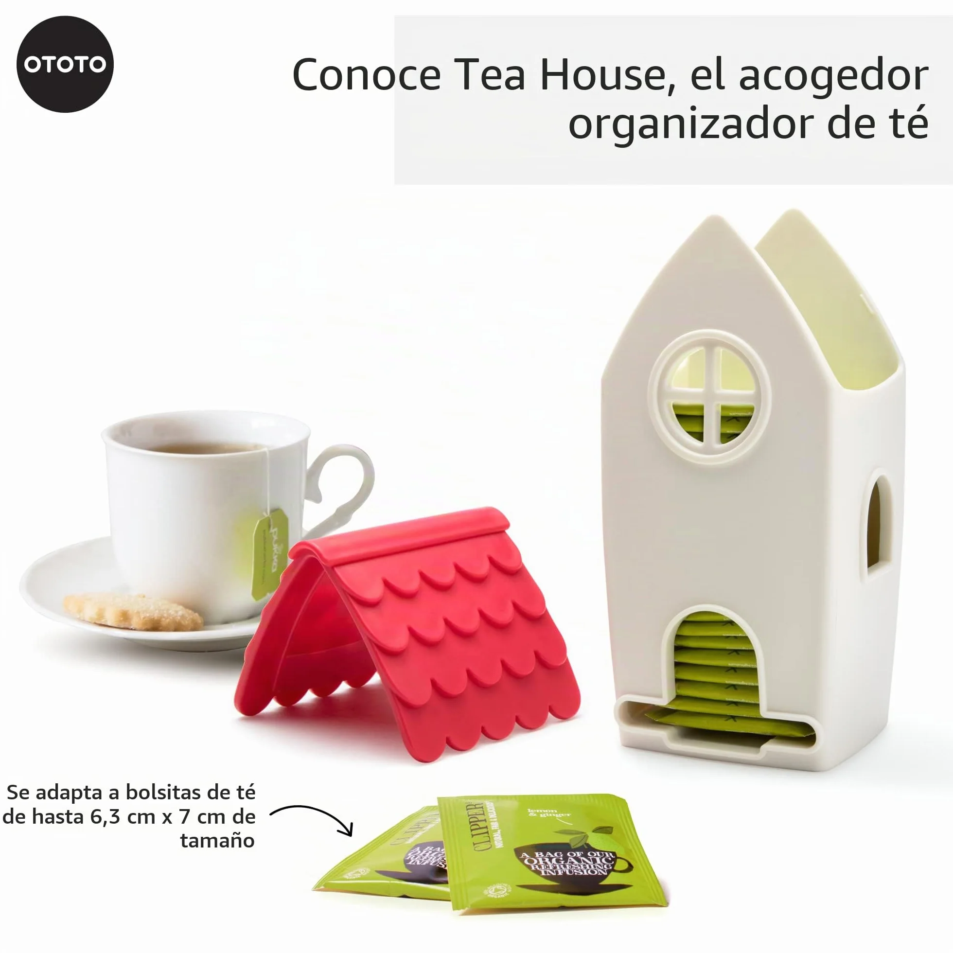 Ototo - Caseta porta bolsitas de té, blanco/rojo, 19 x 10 x 9 cm