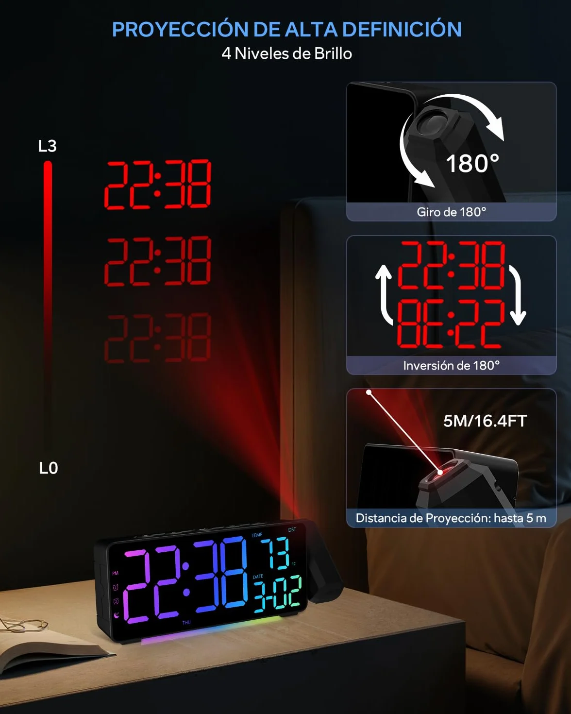Despertador de Proyección Reloj Digital LED con Proyección para Dormitorio con Gran Pantalla Proyector 180°Cargador Puerto USB 12/24H DST Snooze Iluminación Ambiental RGB 2 Alarma Temperatura Fecha