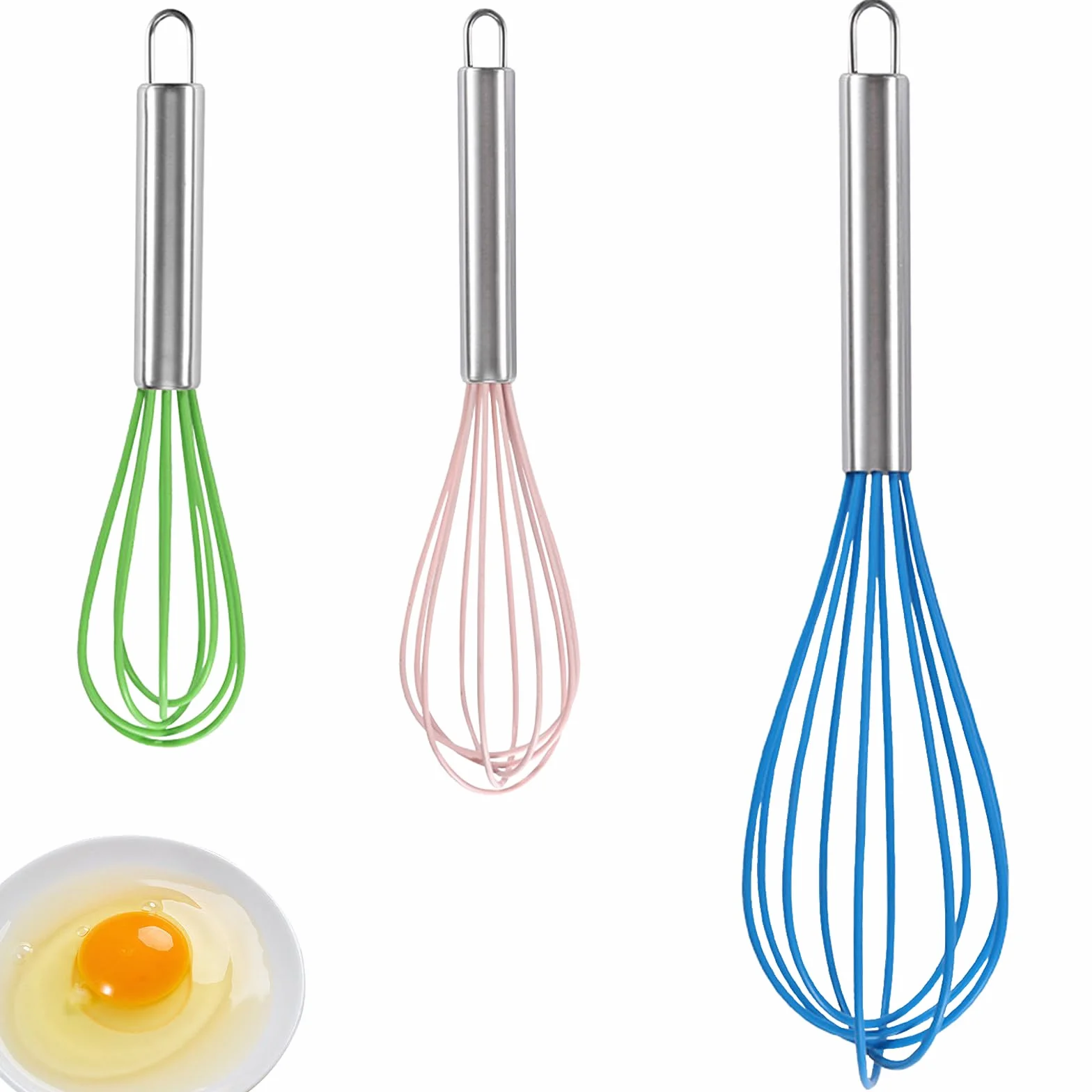3 batidores de huevos de silicona, Batidora de Huevos Manual Varilla Para Batir 8 pulgadas 10 pulgadas y 12 pulgadas varillas cocina, para Mezclar Batir Espumar y Revolver (verde rosa y azul)