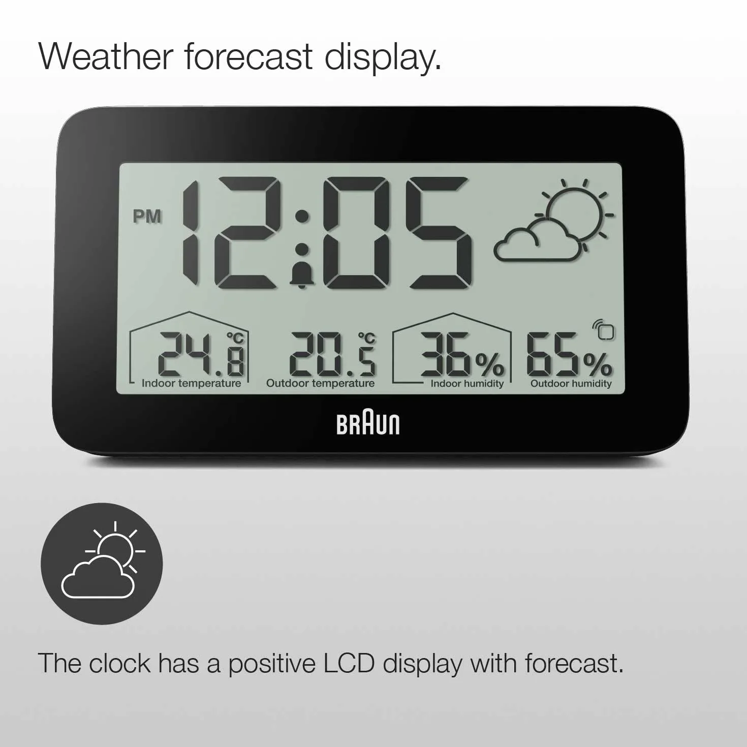 Estación meteorológica y reloj digital controlado por radio Braun para la zona horaria de Europa Central (DCF) con temperatura y humedad, pronóstico del tiempo, pantalla LCD, negro, modelo BC13BP-DCF.