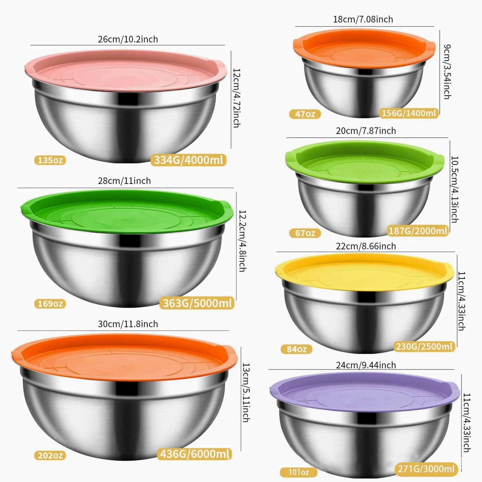 Bol para Mezclar con Tapa Acero Inoxidable Apilable Antideslizante | Ideales para Ensaladas y Preparaciones Para Salsas, Snacks, Huevos, Aderezos, Verduras, Masa Y Frutas