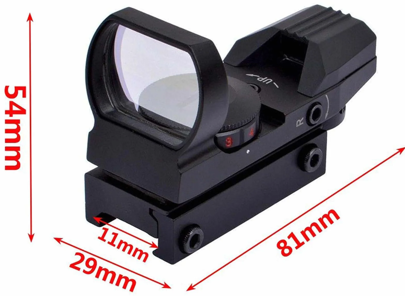 Mira Reflectante roja y Verde con 4 retículas, Montura de Cola de Milano 3/8" para riel 11 mm y 22 RF Airsoft