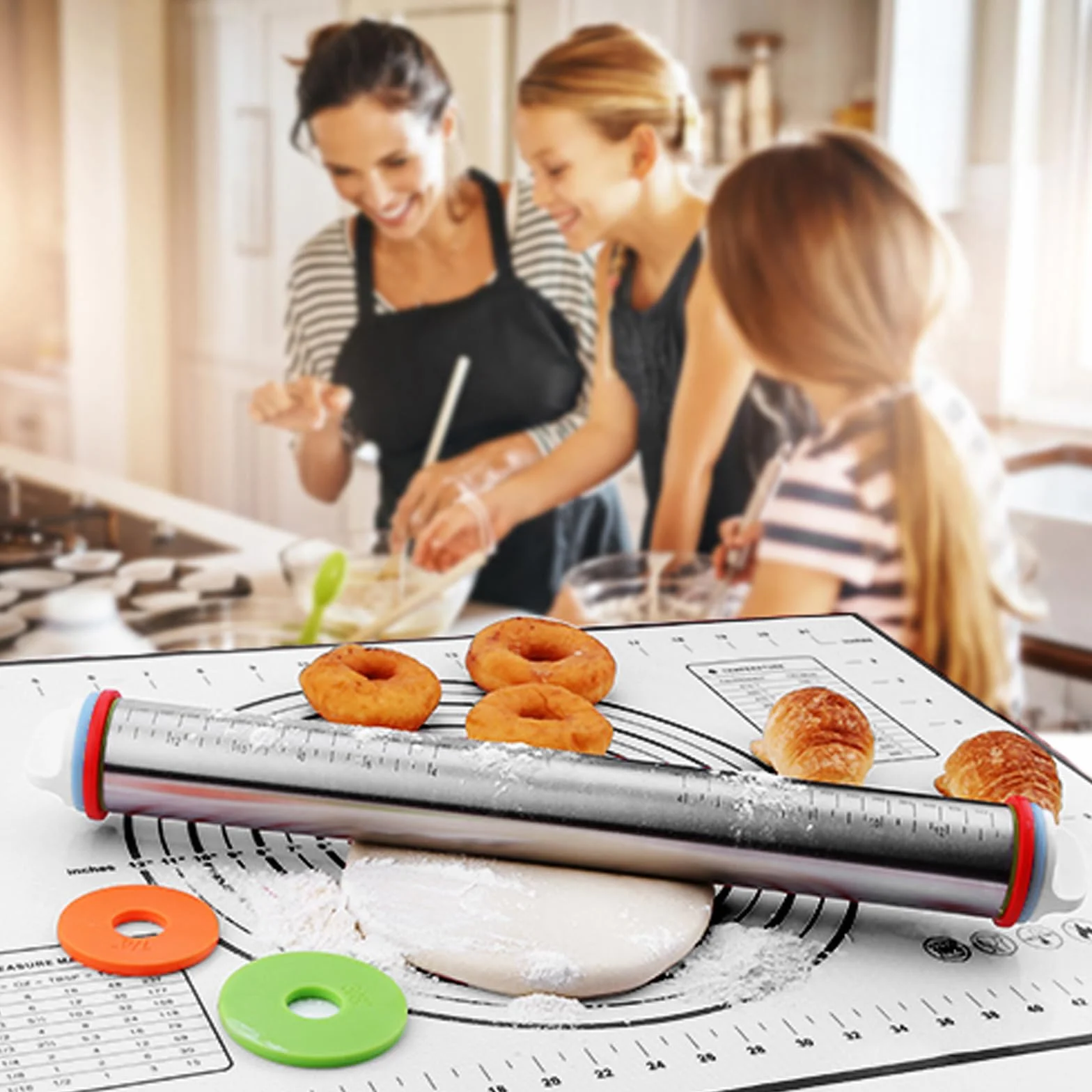 Rodillos de amasar, rodillo de masa de acero inoxidable, rodillo y juego de alfombrillas de silicona para hornear, rodillo ajustable con anillos de grosor para hornear masa, pizza, pastel, pasteles,