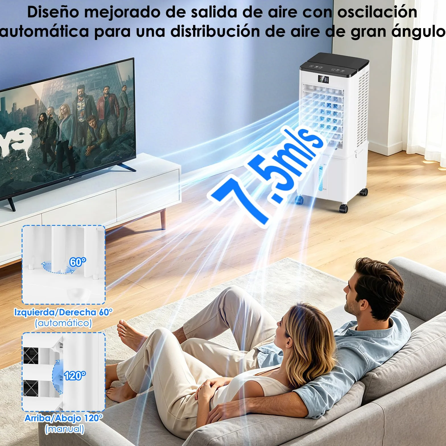 Aire Acondicionado Portátil 10L, Enfriador de Aire Evaporativo 4 en 1, Climatizador con 4 Modos y 3 Velocidades, Temporizador 1-12H,120°Oscilación Automática y para Hogar y Oficina（Blanco Mate）