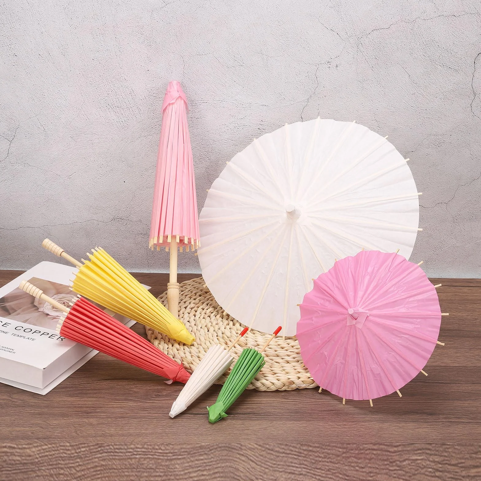 QUARKZMAN 6 Sombrillas De Papel, Sombrilla De Papel De 8 Pulgadas para DIY Pintadas Al Óleo, Sombrillas para Decoración De Bodas, Fiestas Y Manualidades, Color Rosa