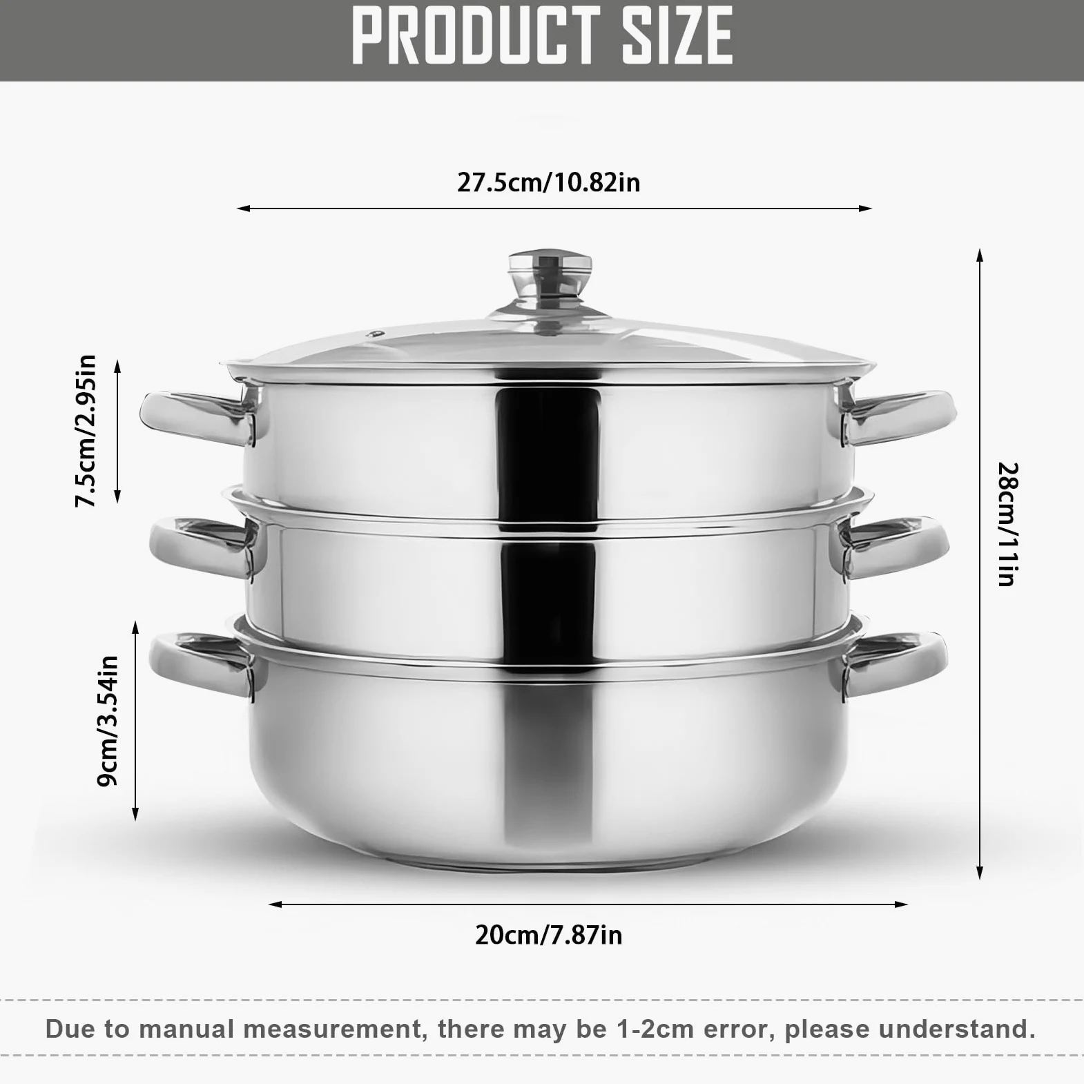 Olla Vaporera 28cm – Cocción al Vapor en Acero Inoxidable de 3 Niveles con Tapa de Vidrio – Para Sopas, Verduras, Pastas y Mariscos – Apt para Inducción y Lavavajillas