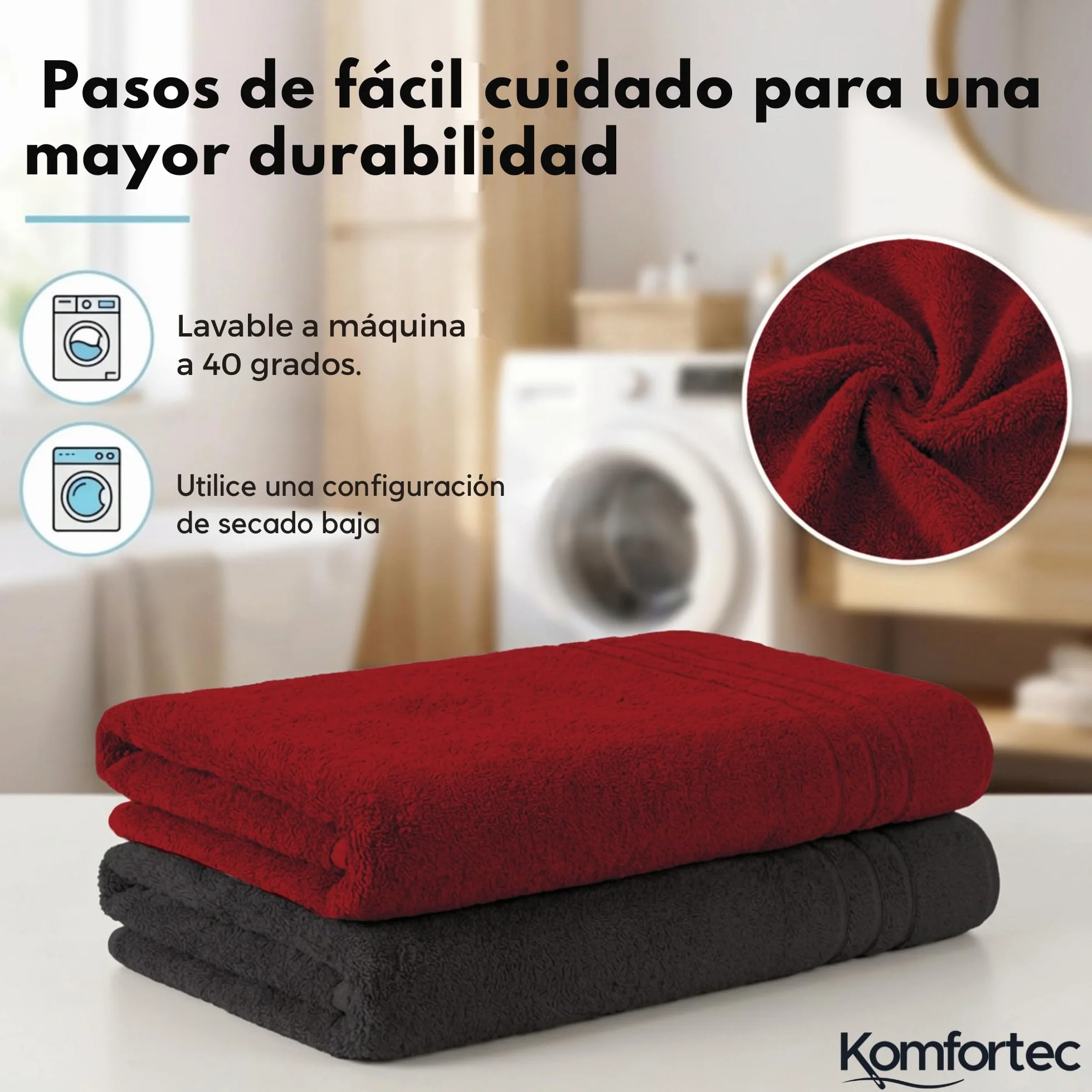 Komfortec Juego de 2 Toallas de Sauna 80 x 200 cm, 100% Algodón, Toallas XXL para Sauna, Suaves, Grandes, de Rizo y de Secado Rápido, Negro/Rojo