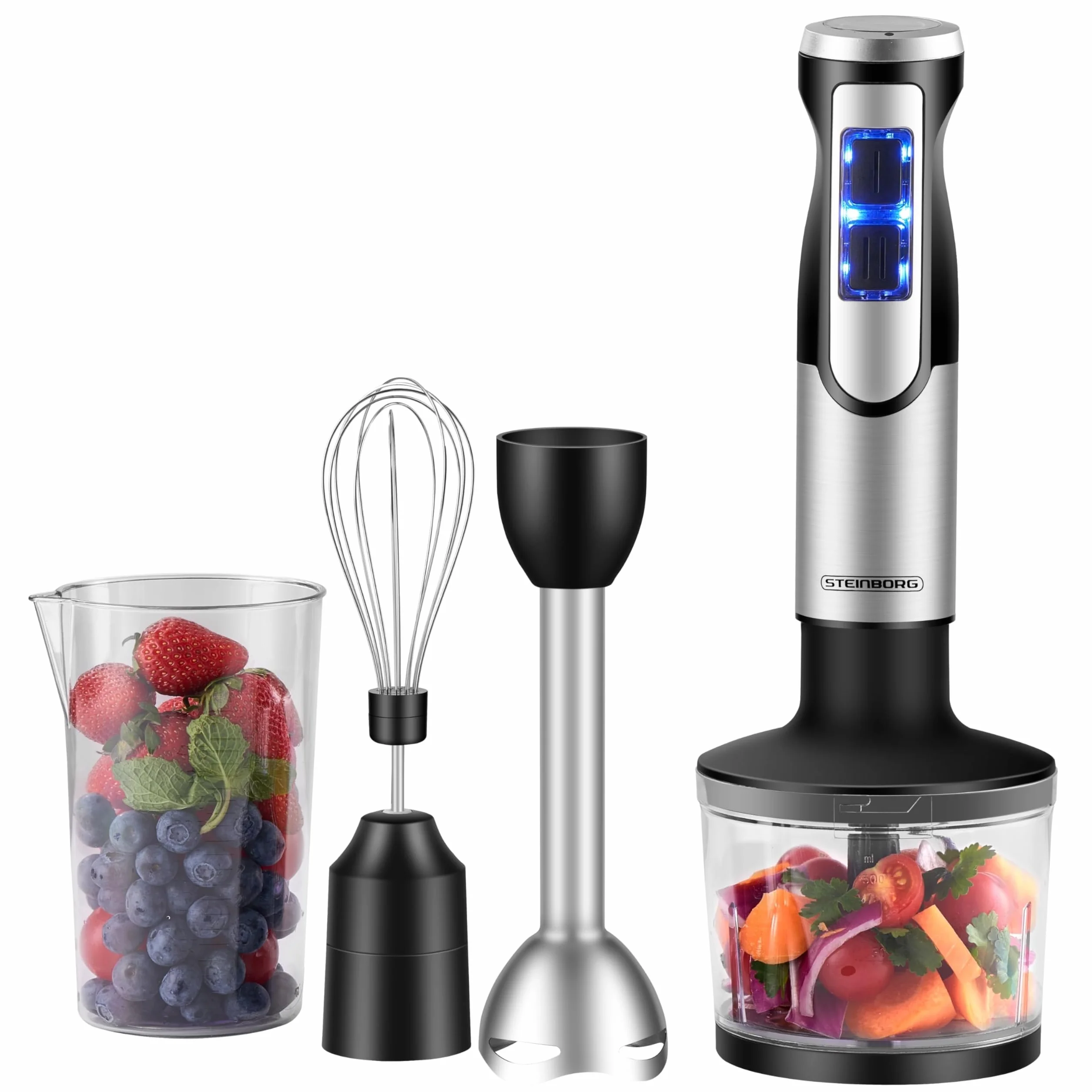 Steinborg - Batidora de acero inoxidable de 1500 W, batidor, picadora de acero inoxidable de 500 ml con función turbo, batidora de mano, picadora multifuncional