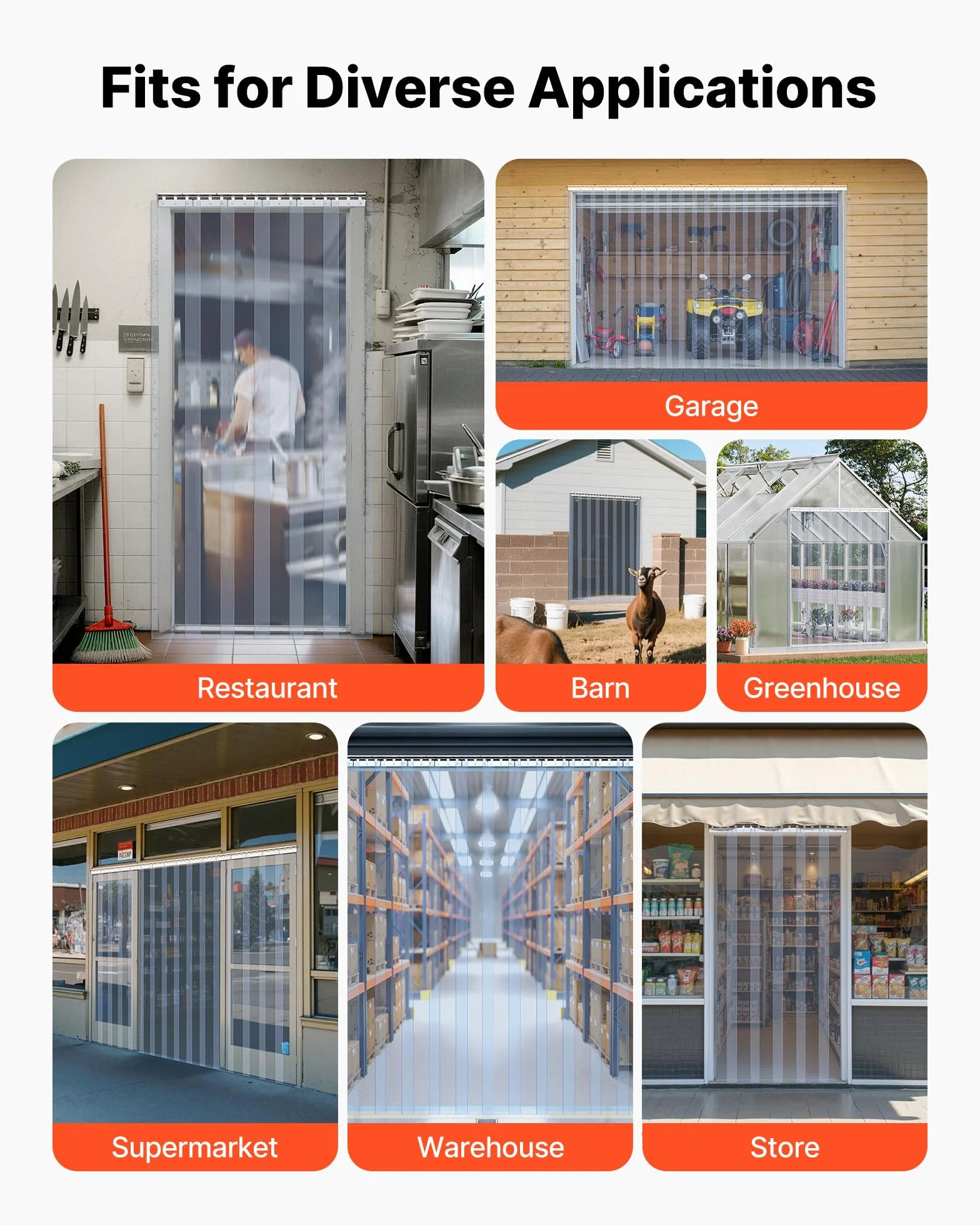 VEVOR Cortina de Tiras 183 x 213,4 cm Cortina de Puerta de PVC Transparente 12 Tiras de Plástico Espesor de 2 mm para Puerta de Cámara Frigorífica, Almacén, Refrigerador de Supermercado, Garajes
