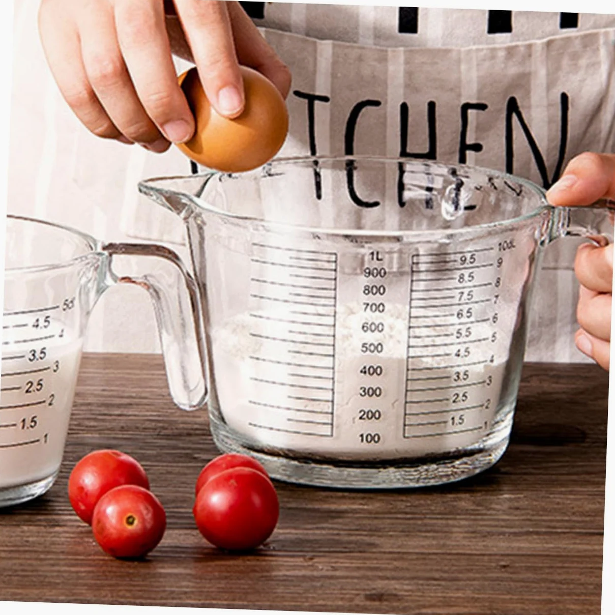 Cabilock Vaso Jarra al Calor Resistente con Vidrio Medidor Tapa Medidora Madera Escala Práctica Medir para Cocina, Adecuado Líquidos y Aceites