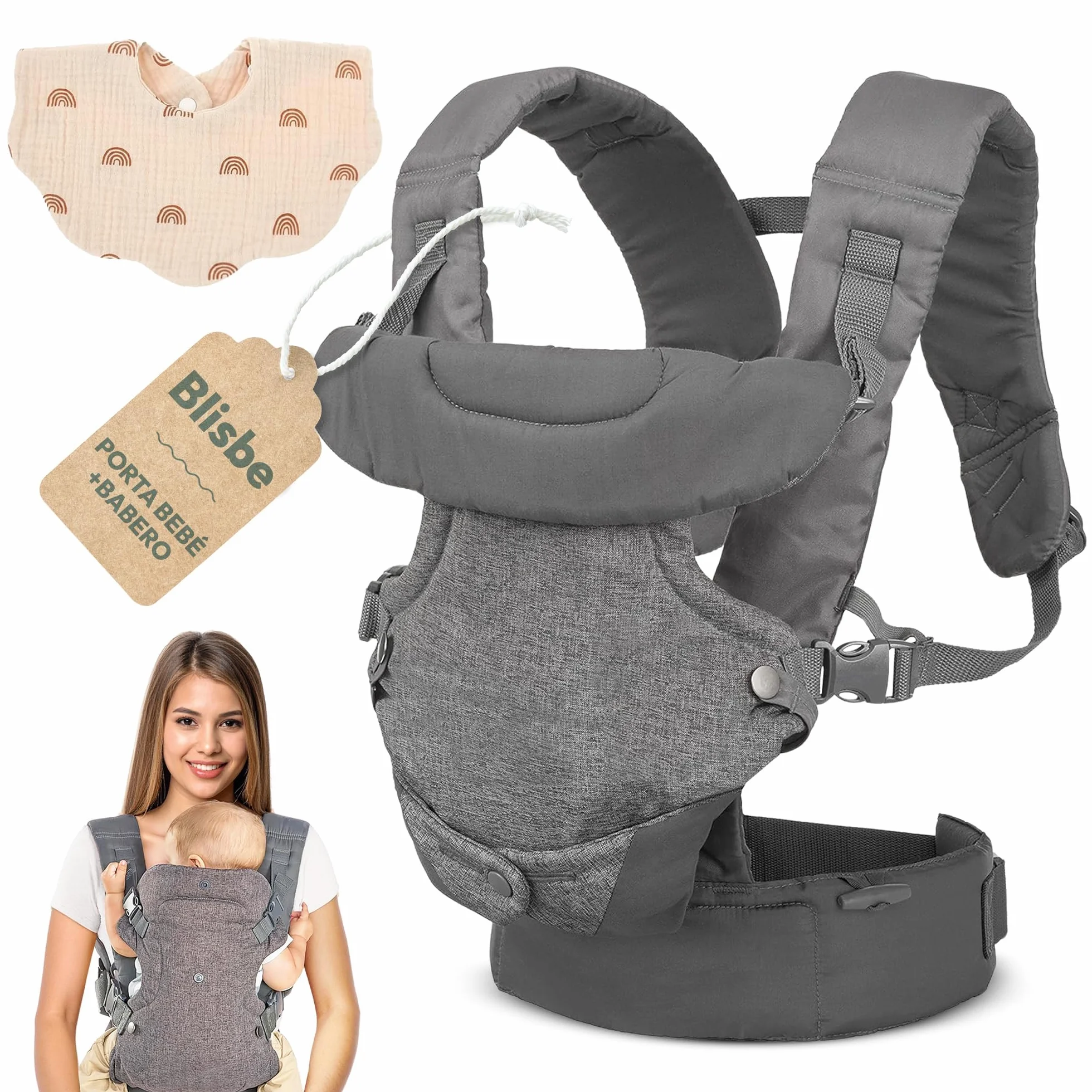 Mochila Portabebé Ergonómica 4 Posiciones – Recién Nacido a 36 meses, Asiento de Cadera, Transpirable, Lavable