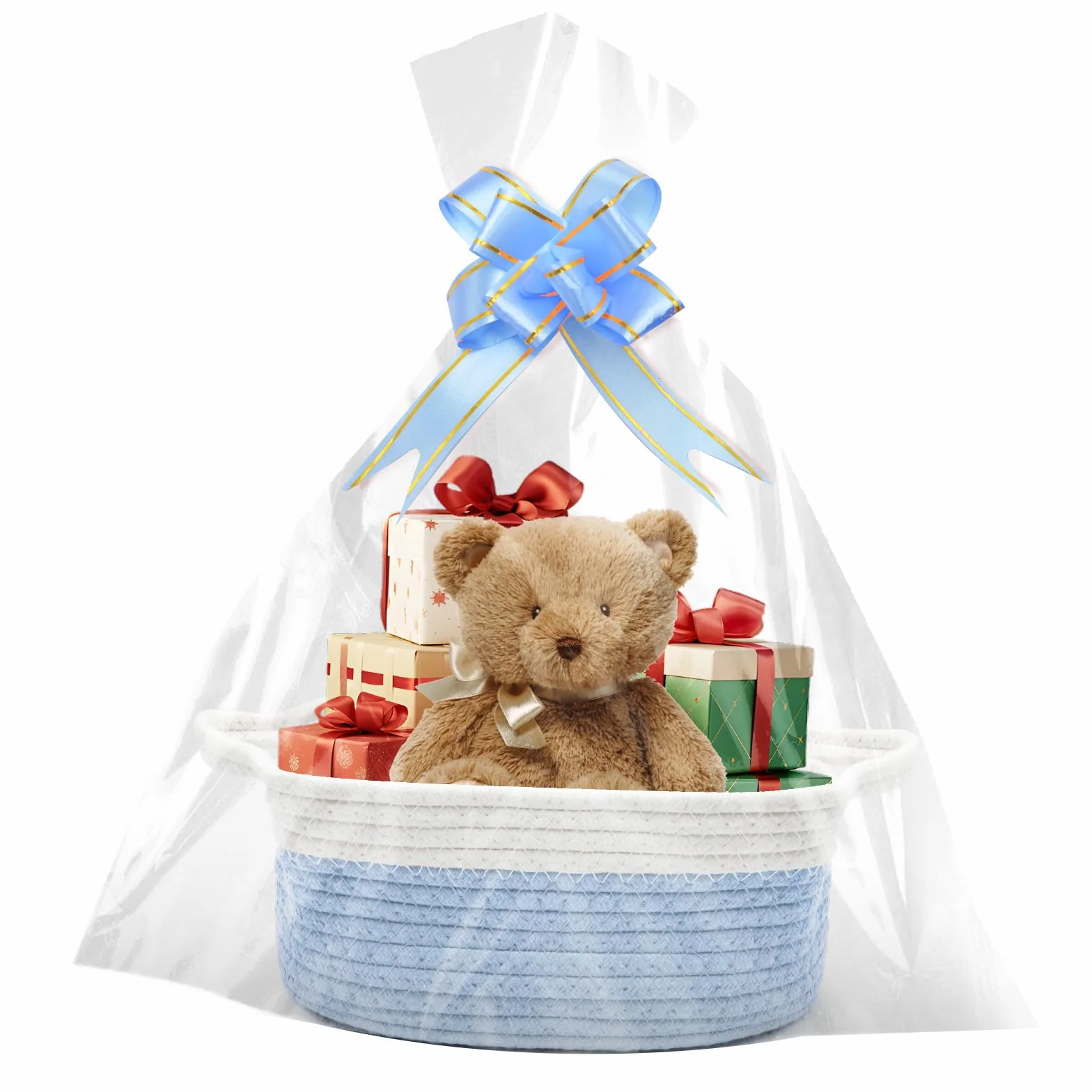 Cesta de regalo vacía 30x20x12 cm trenzada con bolsas y cintas para Navidad cumpleaños boda almacenamiento decorativa Azul