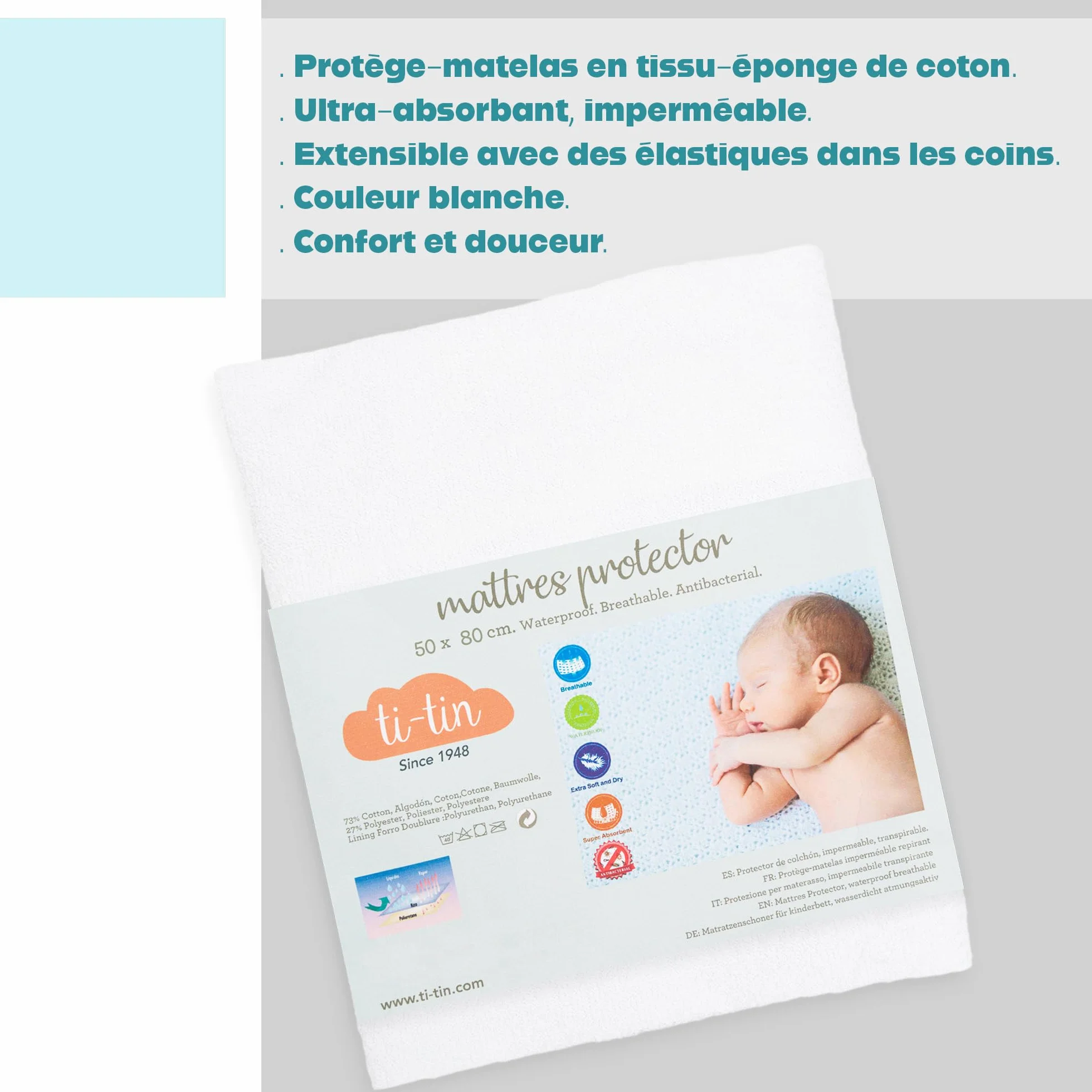 Protector Colchón Cuna 80x50 cm Impermeable Transpirable Rizo Algodón Suave Ajuste Elásticos Antibacterias Lavable