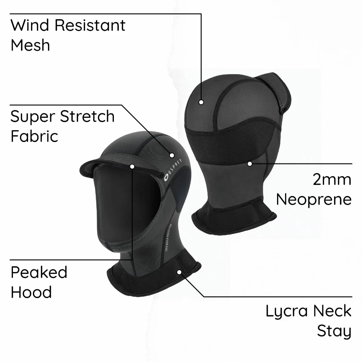 Osprey Wetsuit Hood | Unisex 2mm Neoprene, Durable, Stretchable Thermal Diving Hood for Snorkelling, Surfing and Swimming, Black