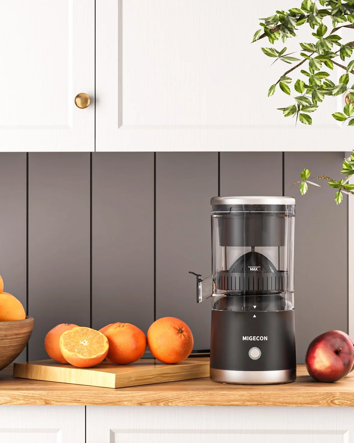 MIGECON Exprimidor Eléctrico de Naranjas, Batería portátil, Diseño a Drueba de Goteras, Adecuado para Frutas Cítricas, con USB y Cepillo de Limpieza, Desmontable, 45W, Negro