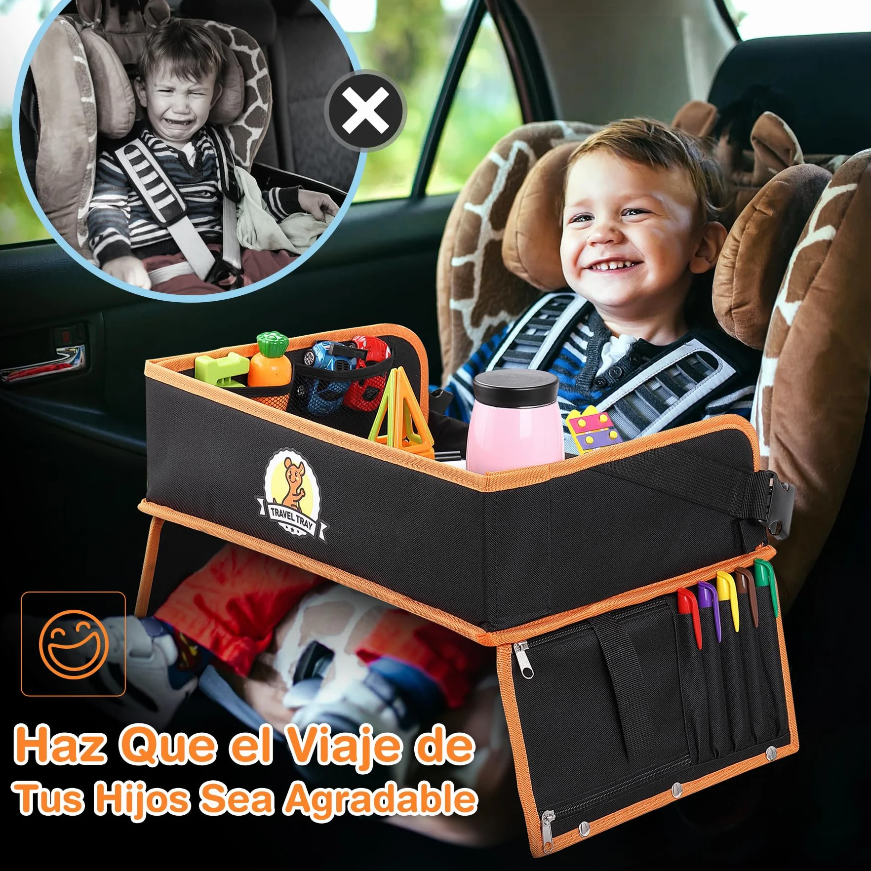 lenbest Mesa de viaje para niños de doble función, bandeja para las rodillas (protección del respaldo del coche) con película transparente, 5 placas de dibujo y 6 lápices de colores, negro/naranja