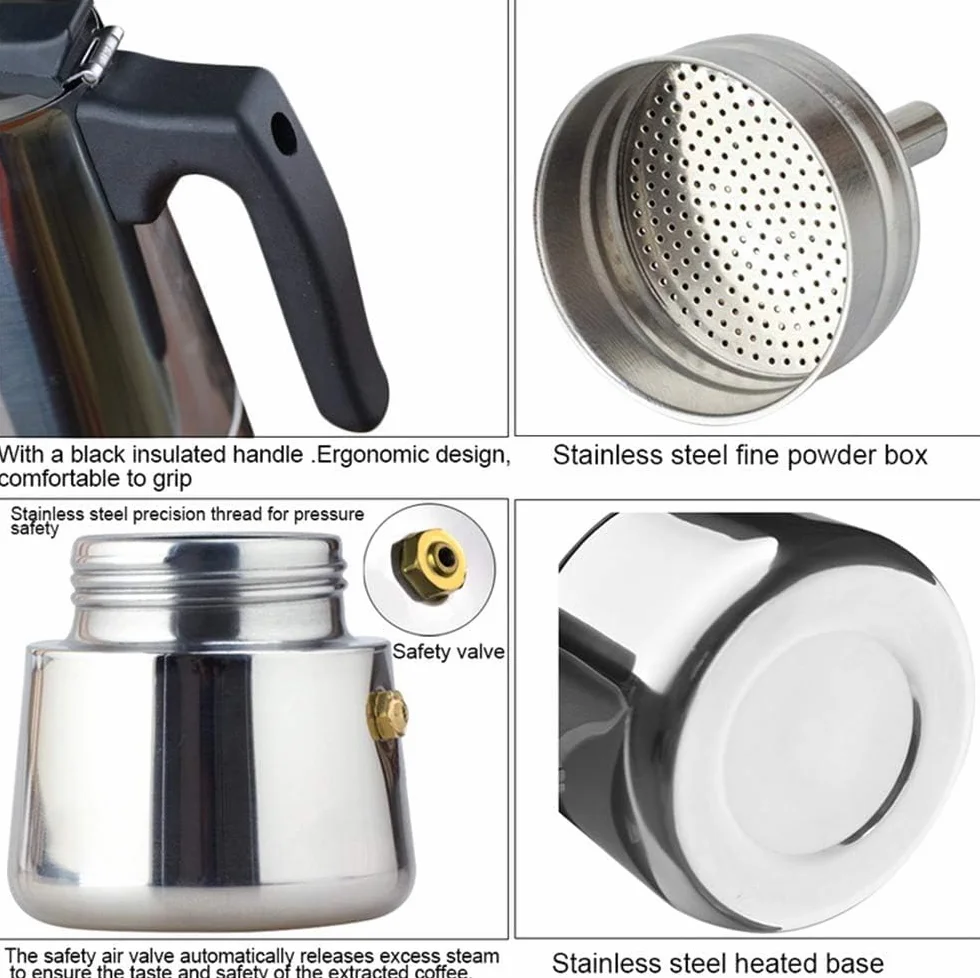 Cafetera Moka de acero inoxidable, cafetera de estufa, apta para placa de inducción, cafetera italiana de 300 ml