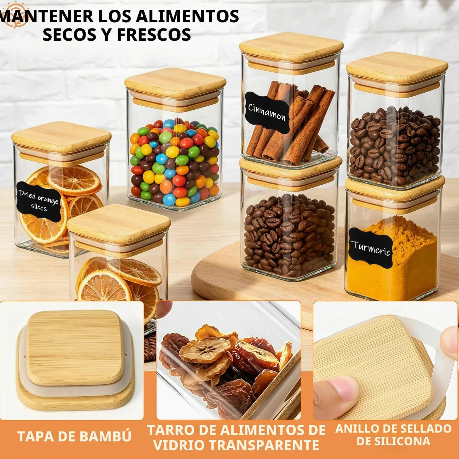 Tarros de especias de vidrio con tapa de bambú y etiqueta, paquete de 12 recipientes cuadrados de vidrio de 8 onzas/250 ml, tarros de especias de vidrio herméticos con tapas, recipiente de vidrio para