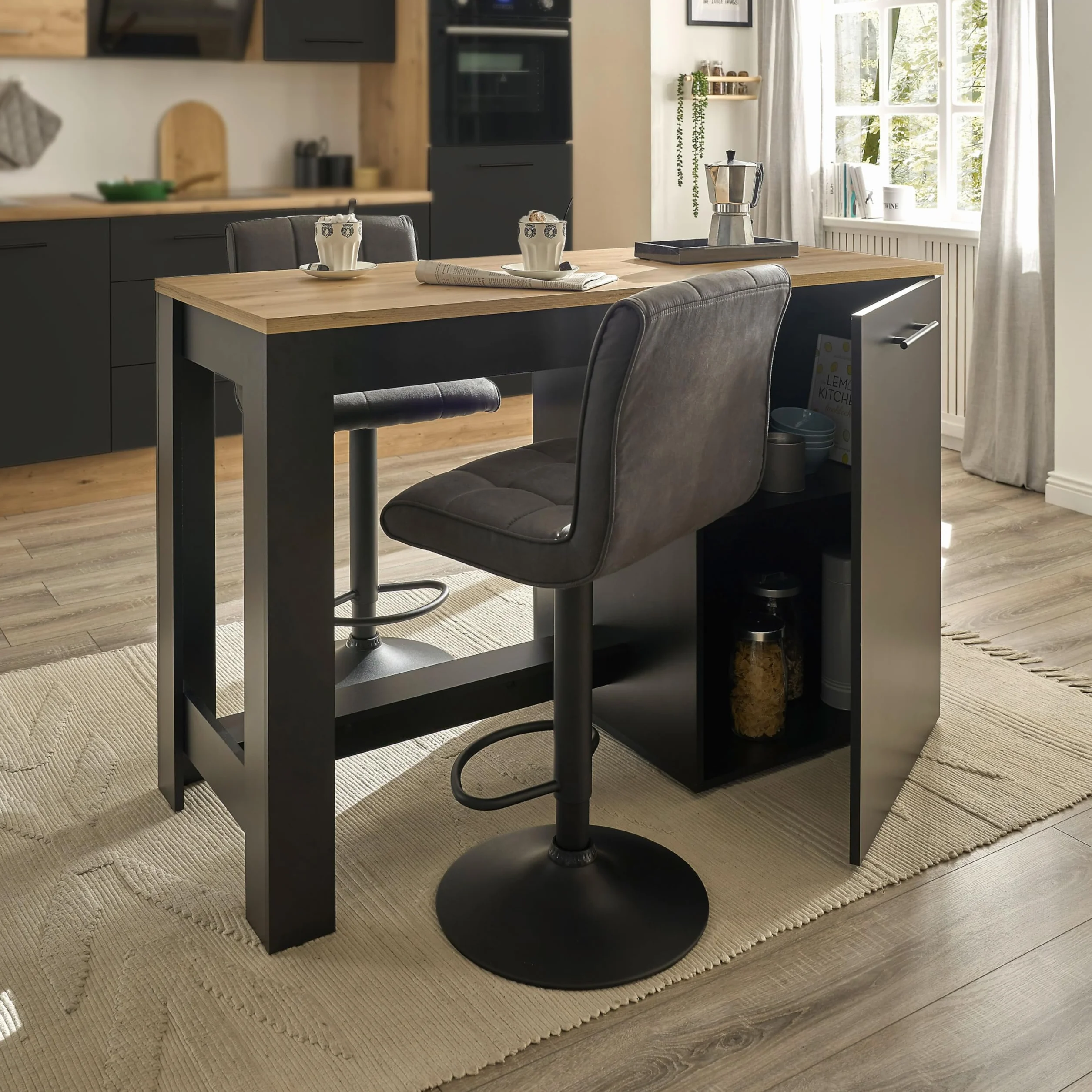 Stella Trading ADON Moderna Independiente Mate, Aspecto Artesano-Espaciosa Isla de Cocina con encimera, Madera de ingeniería, Negro Black Artisan Roble, 138 x 91 x 56 cm
