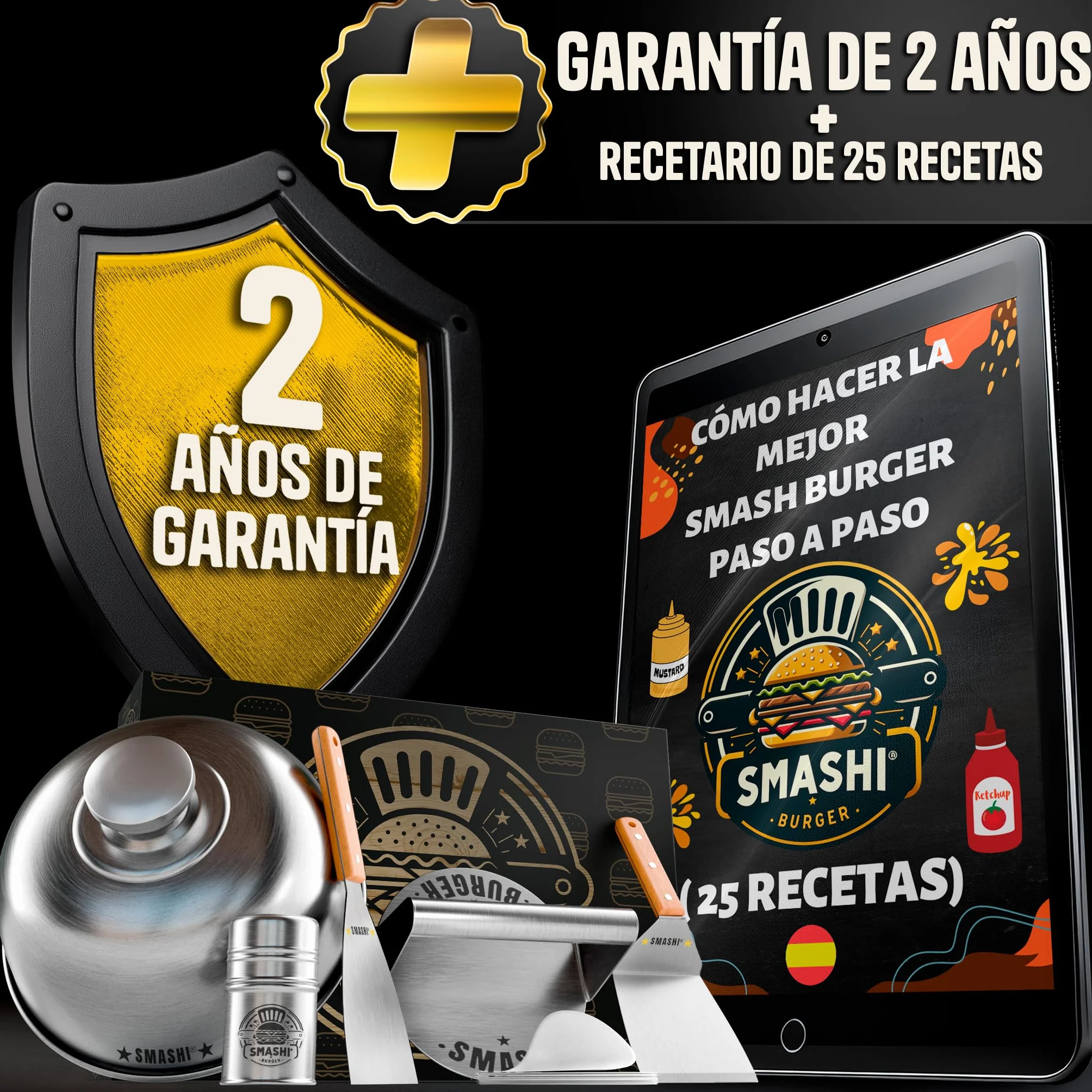 SMASHI® Smash Burger Kit Profesional Acero Inoxidable 304 Certificado EU Contacto Alimentos | Prensa Hamburguesas + 2 Espátulas con Mango de Madera + Accesorios | Incluye 25 Recetas (AVANZADO)