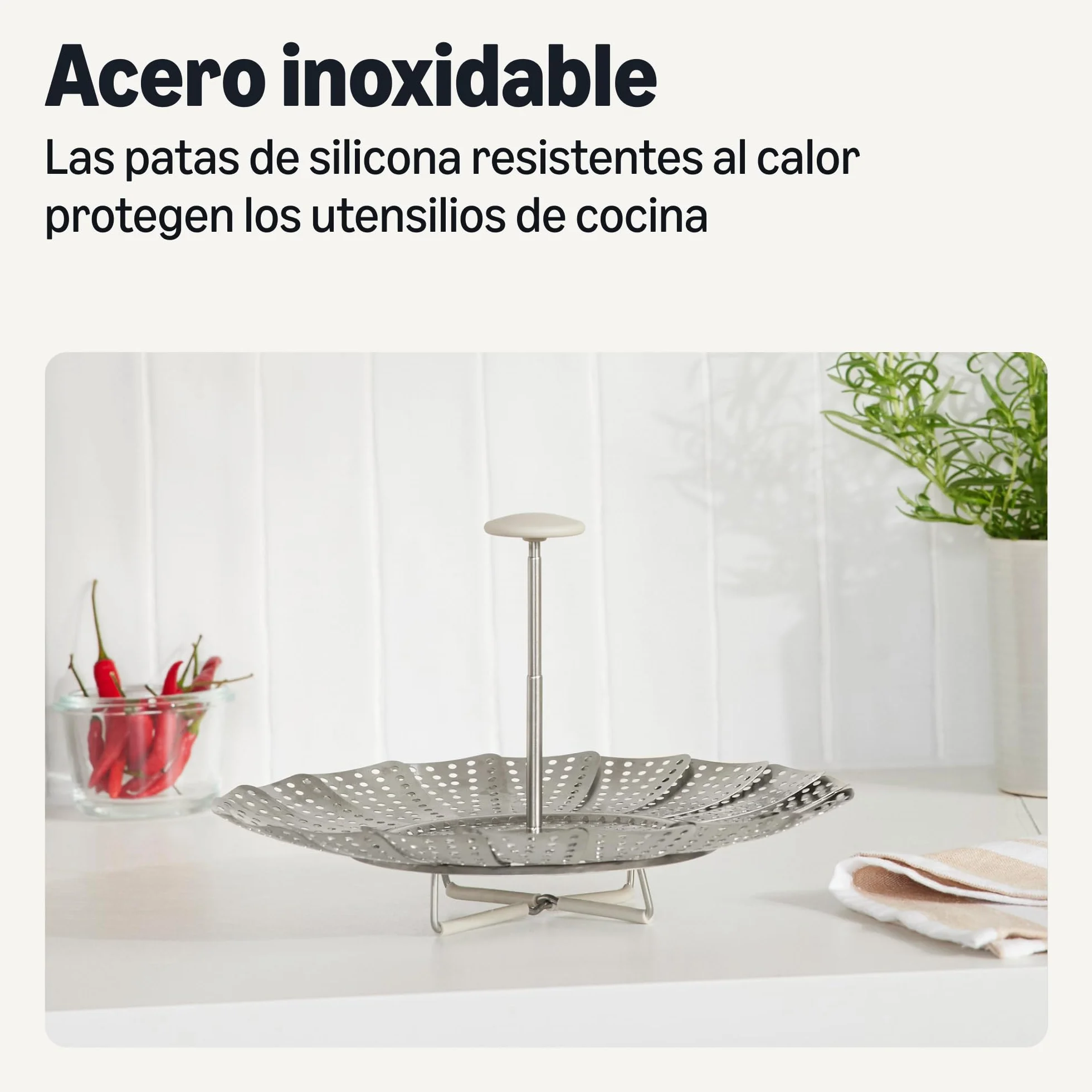Amazon Basics Cesta Vaporera Extensible, se Expande de 14,2cm a 23,5cm, Acero Inoxidable, Apta para Lavavajillas