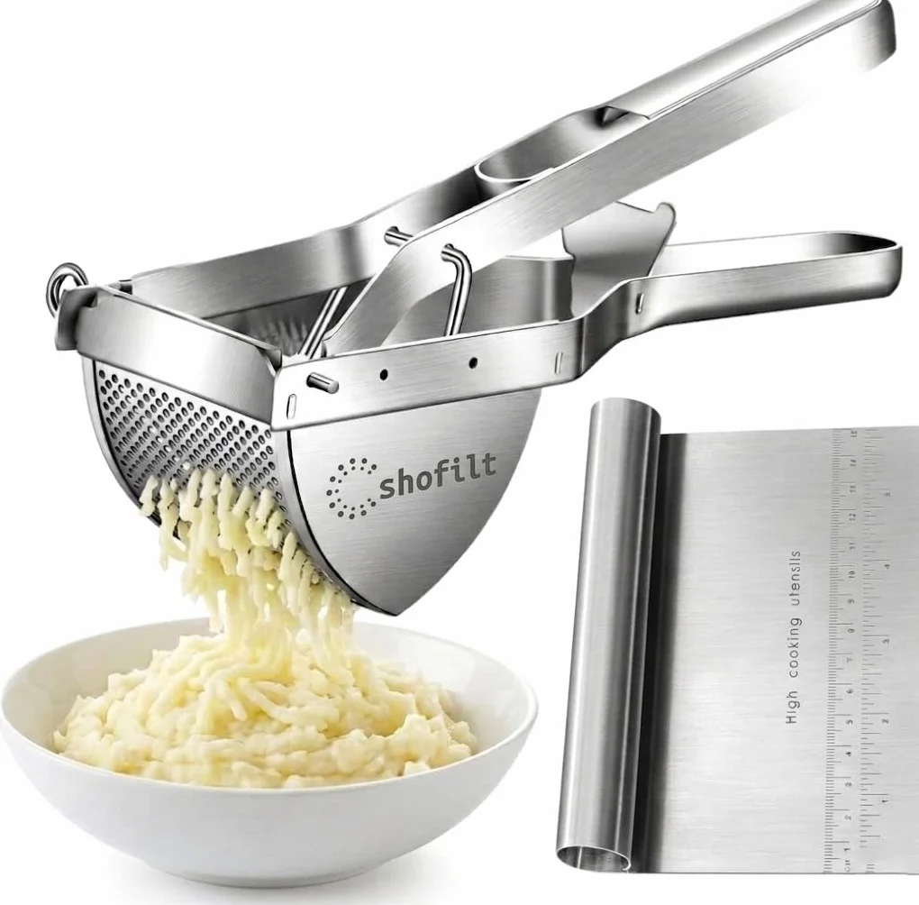 Prensador de patatas de acero inoxidable con raspador de masa, exprimidor para puré de papas, triturador profesional, herramienta de cocina, prensa de frutas, triturador de alimentos para bebés,