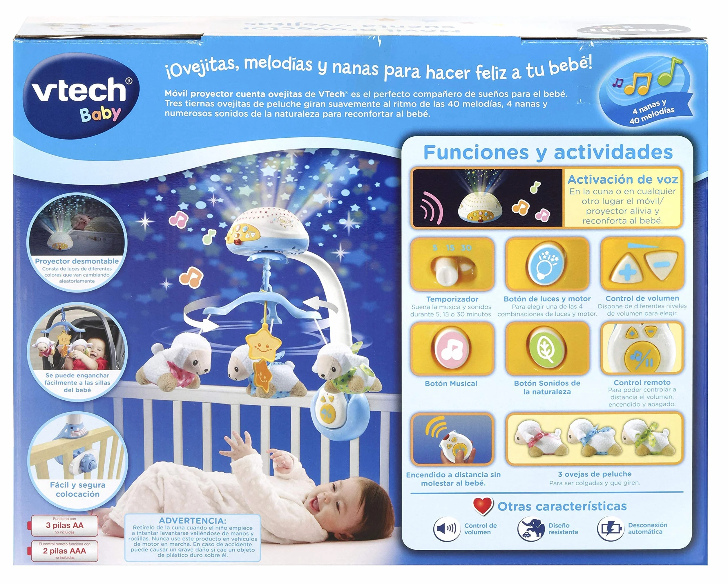 VTech Baby Móvil Proyector Cuenta Ovejitas, Juguete de Cuna, 70+ Nanas, Canciones, Sonidos y Frases, Mando a Distancia, Multicolor, 0-24 meses