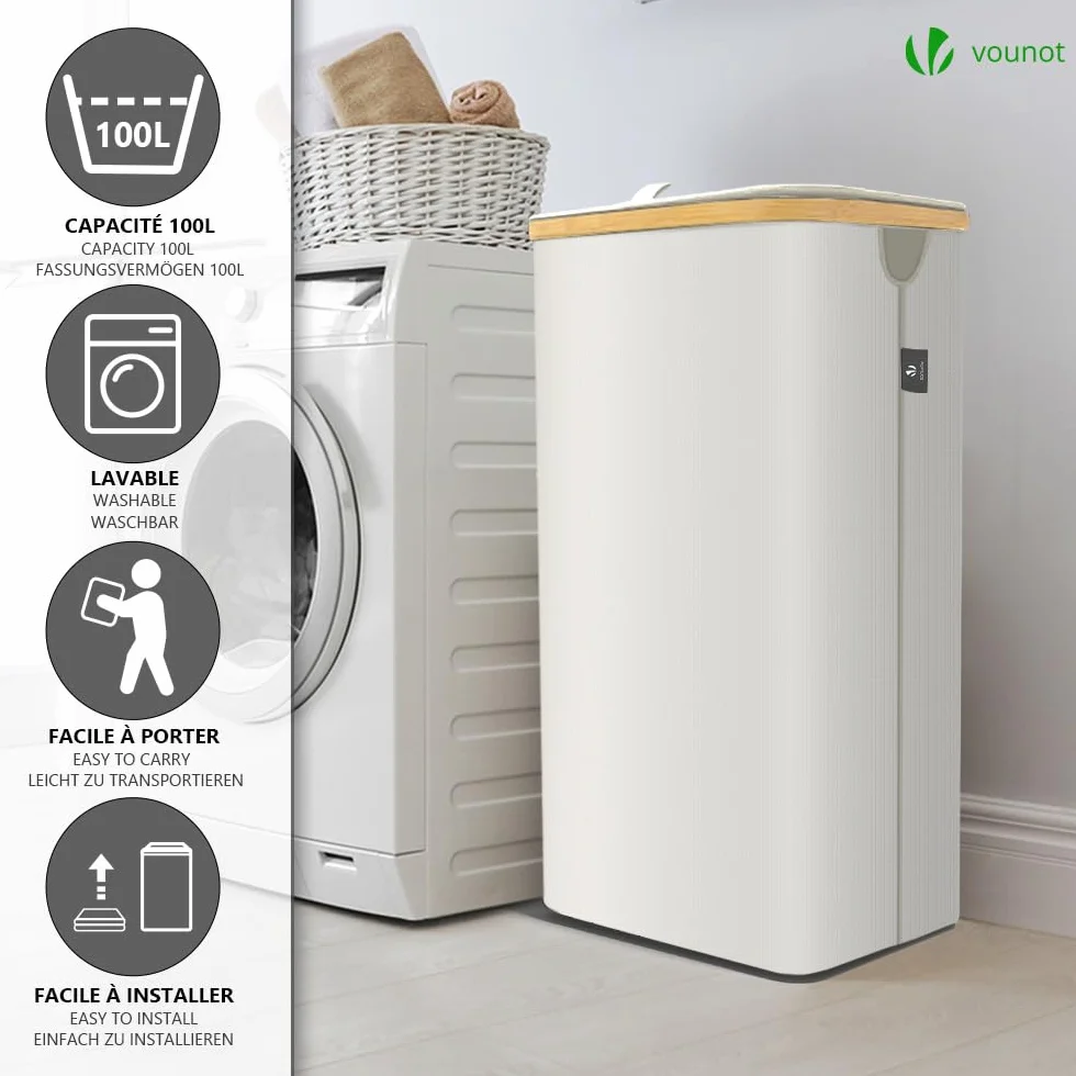 VOUNOT® Cesto Ropa Sucia 100L con Ruedas Cesta para la Colada, Cubo Ropa Sucia con Tapa y Asas de Bambú para Ropa, Cesta de Ropa Plegable Laundry Basket con Bolsa Interior Extraíble, Beige