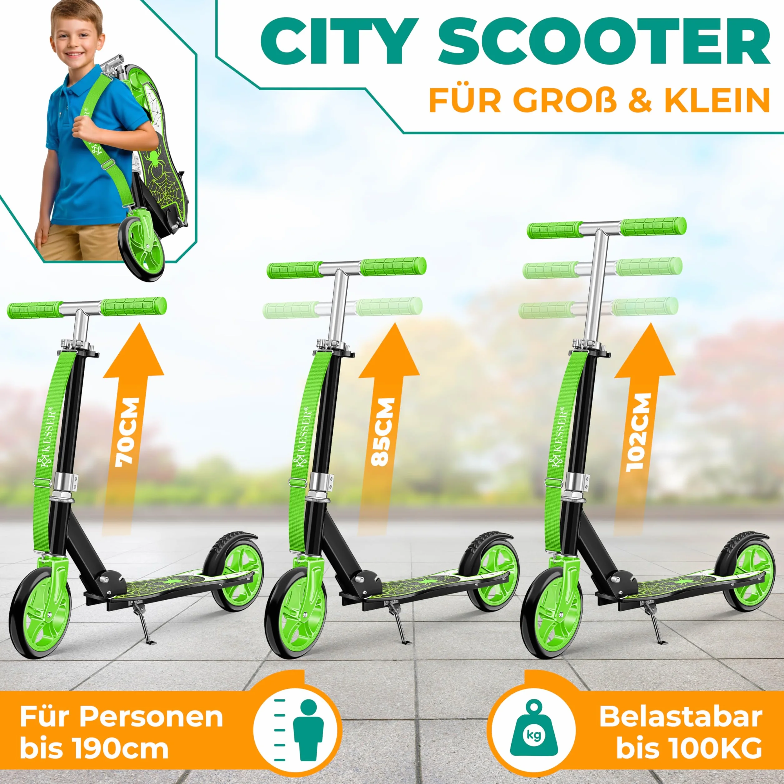 KESSER City Scooter Plegable para Niños, Patinete Regulable en Altura hasta 100 kg, Freno Trasero