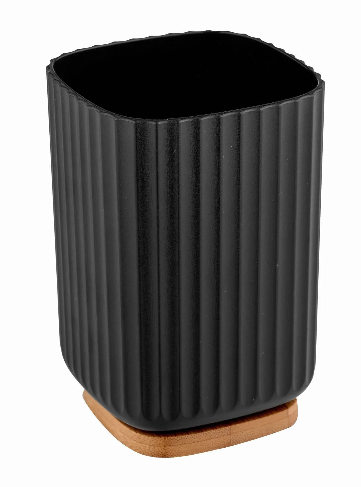 WENKO Vaso para cepillo de dientes Rotello, de plástico, para cepillos de dientes, y base de bambú, para guardar utensilios, con estructura acanalada de fácil sujeción, Ø 8,6 x 11,1 cm, negro/natural