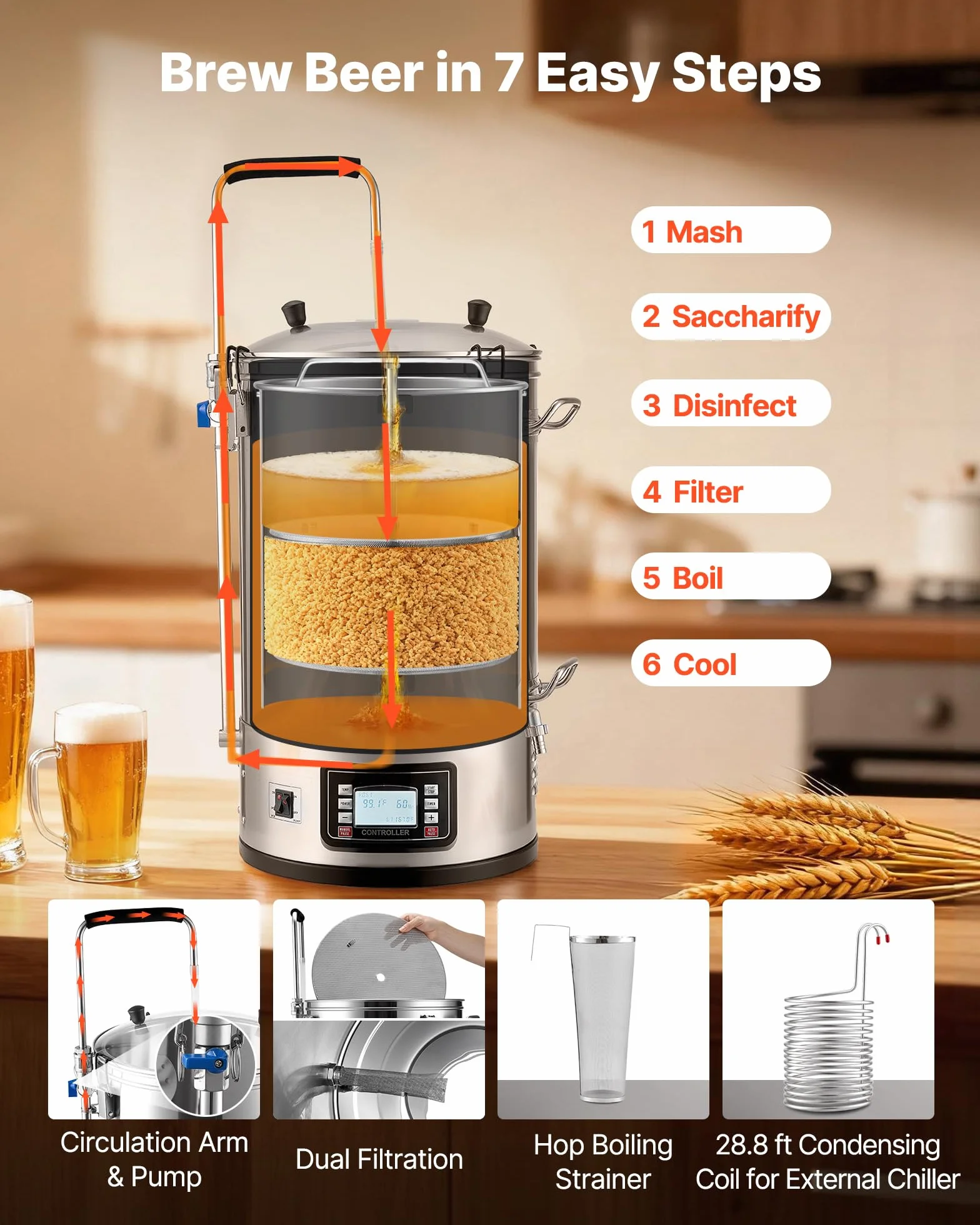 VEVOR Destilacion para Alcohol 30 L Olla De Acero Inoxidable para Cerveza 100-2500 W Destilacion para Alcohol 42 x 35,5 x 82 cm Pantalla LCD con Múltiples Funciones, Bomba de Circulación para Cocina