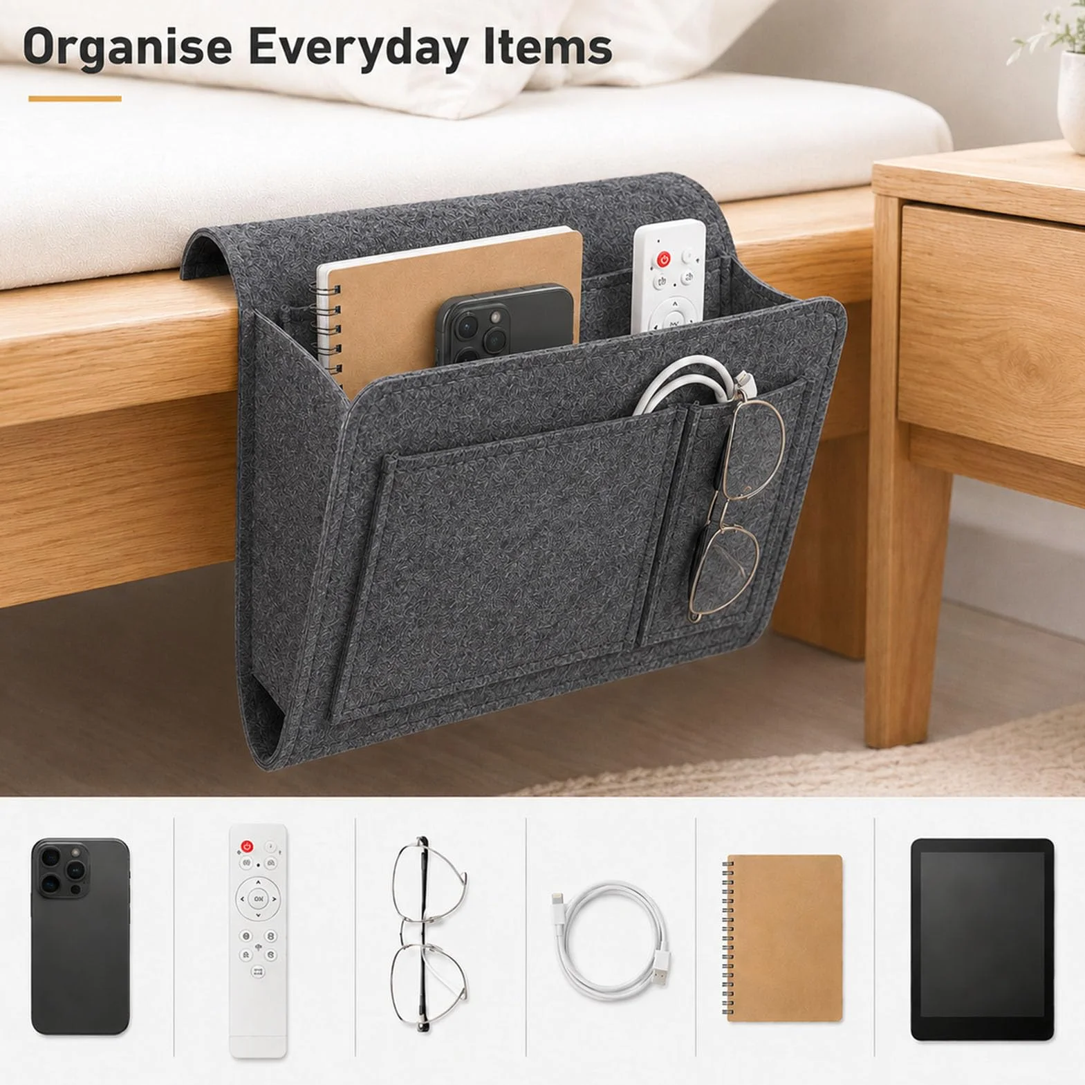 jiucare Organizador de cama de fieltro gris oscuro, bolsillo organizador lateral para cama con 5 compartimentos, porta mandos, móvil, gafas, cables, libros, tablet y accesorios para el dormitorio
