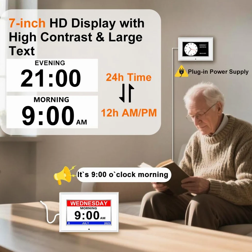 Reloj despertador digital para personas mayores, pantalla HD sin abreviatura, atenuación automática, marco de fotos, ajuste DST de ruido blanco, para ancianos (7 pulgadas, blanco)