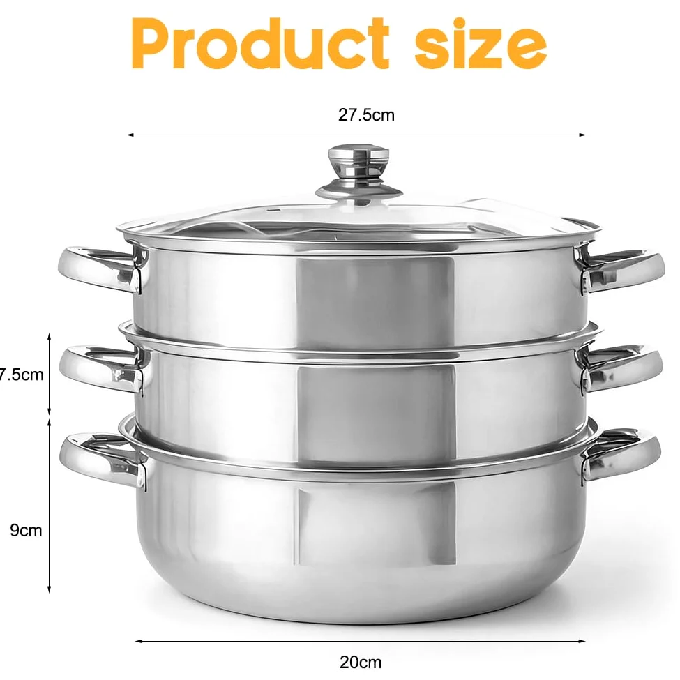 Cacerola de 28 cm de acero inoxidable para cocinar al vapor, sartén de 3 niveles con tapa, olla para cocinar verduras, mariscos, sopas, guisos y pasta