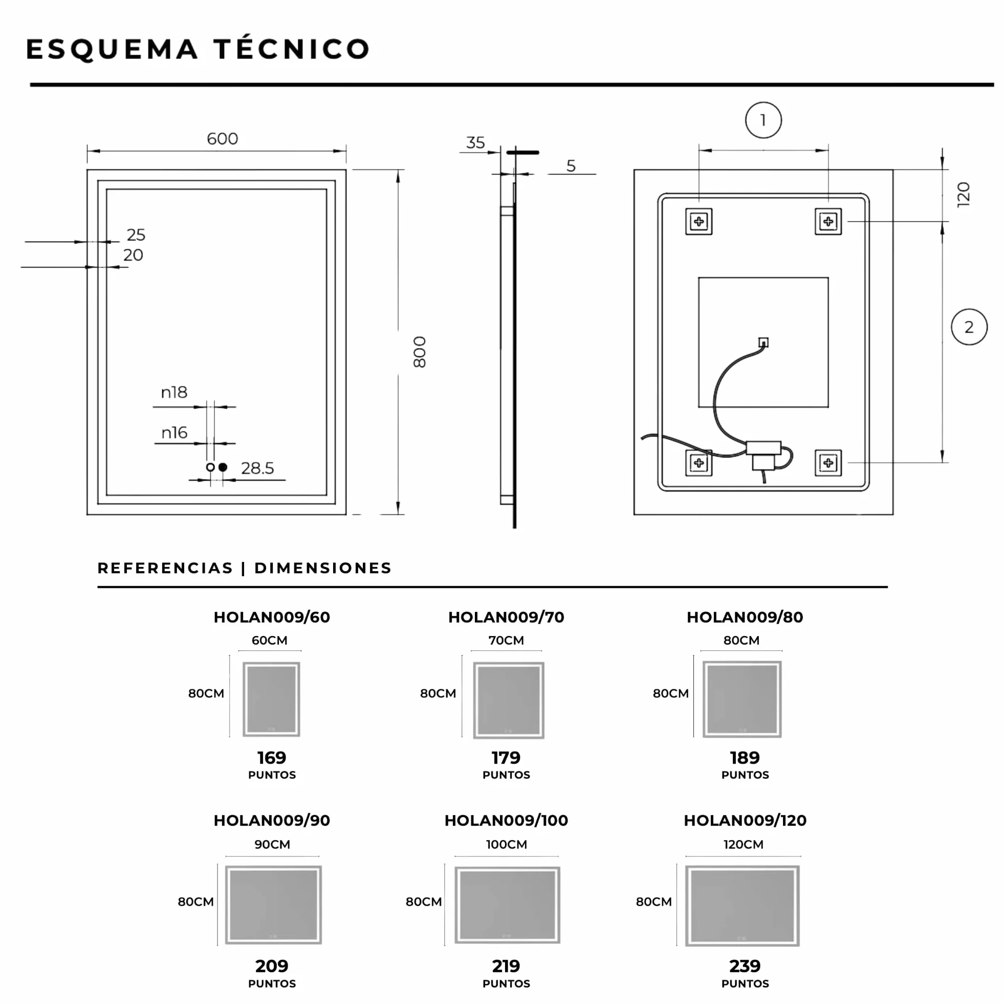 NOLUXA LEDIMEX - Espejo Retroiluminado 90x80cm con Luz LED y Antivaho para Baño | Espejo Inteligente Rectangular con Luz Frontal Fría 6500k y Sensor ON/Off | Serie Holanda