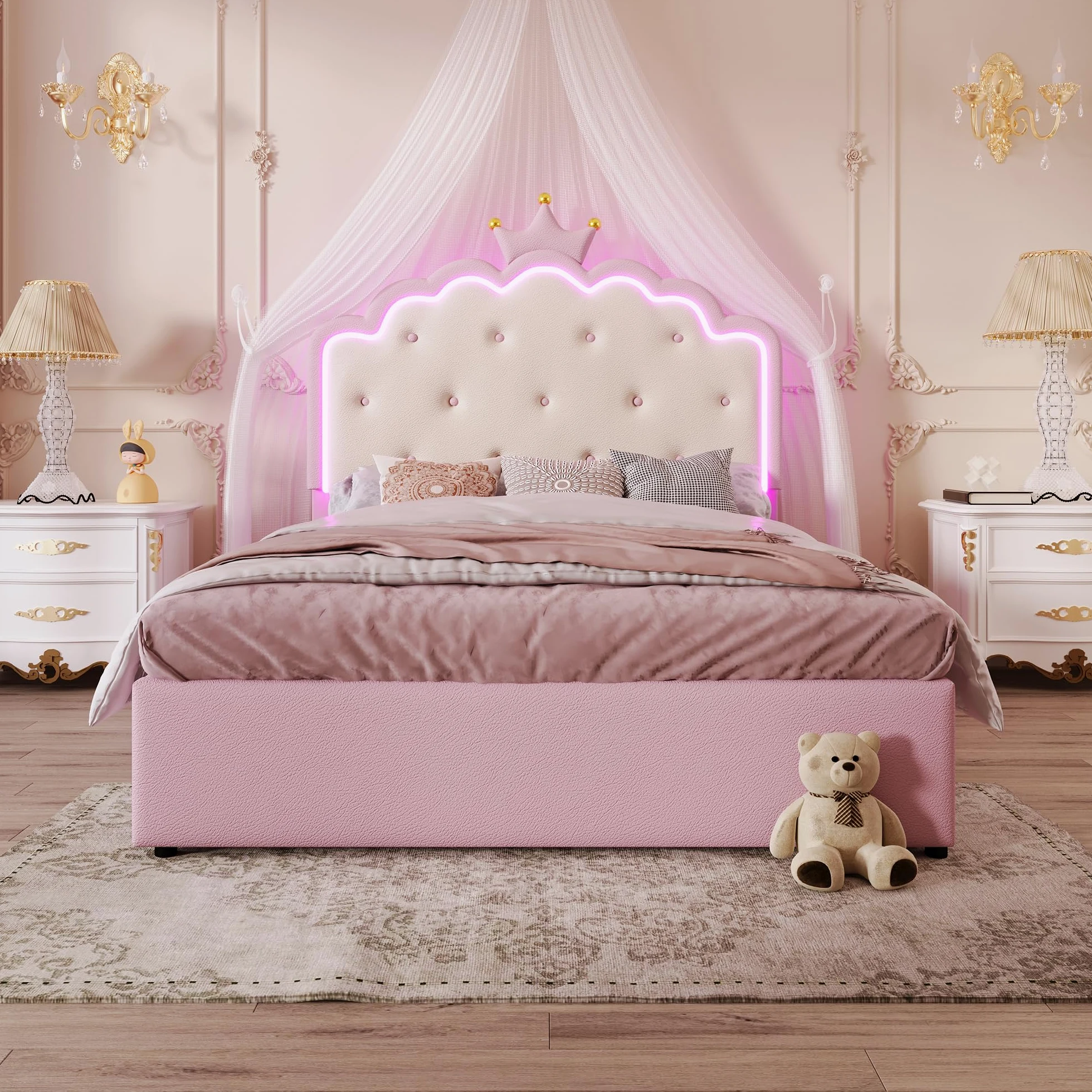 Soweiz Cama tapizada, 140 x 200 cm, cama nido con 2 cajones, con somier (sin colchón), iluminación ambiental con mando a distancia, diseño de princesa heredera, material PU, color rosa